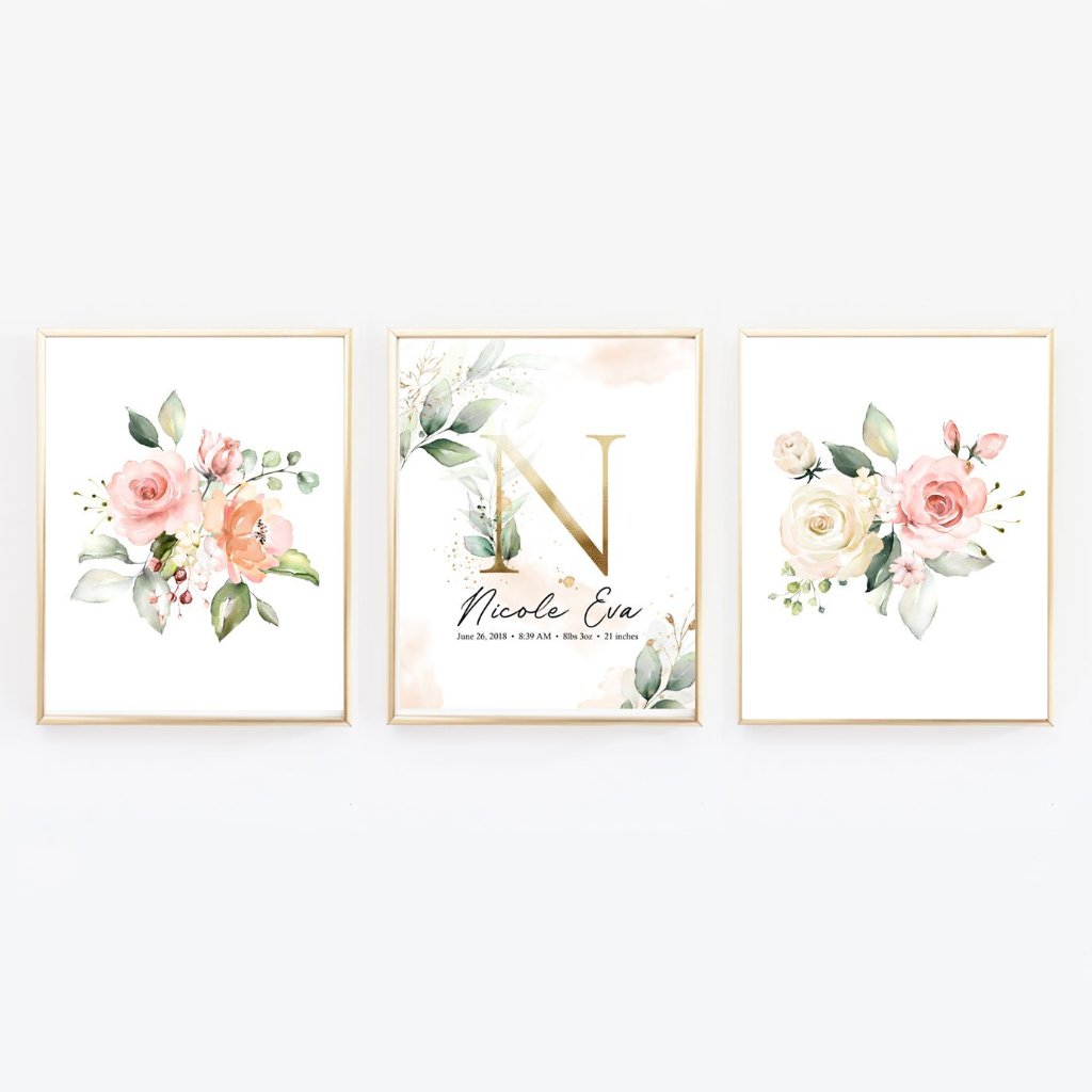 Floral Customized Nursery Wall Art with Baby Stats and Name - Set of three