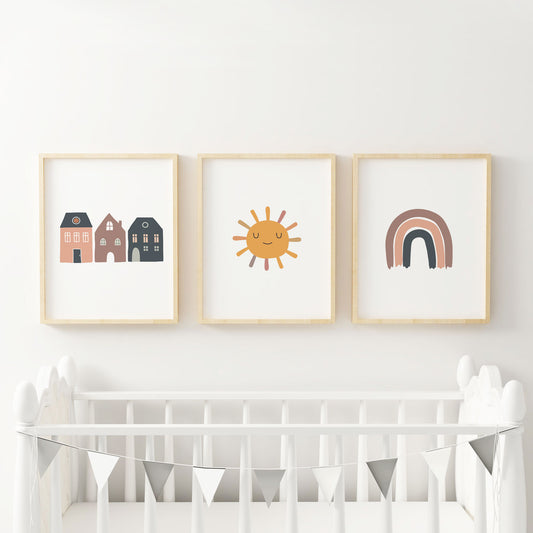 Rainbow Houses and Sun Boho Nursery Baby Girl Art