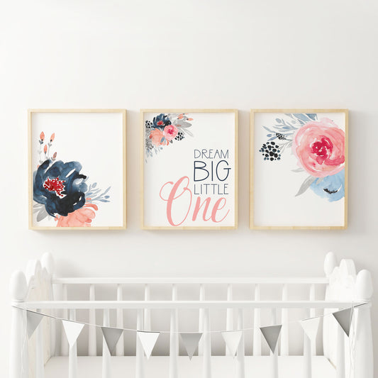 Dream Big Little One Nursery Watercolor Floral Prints
