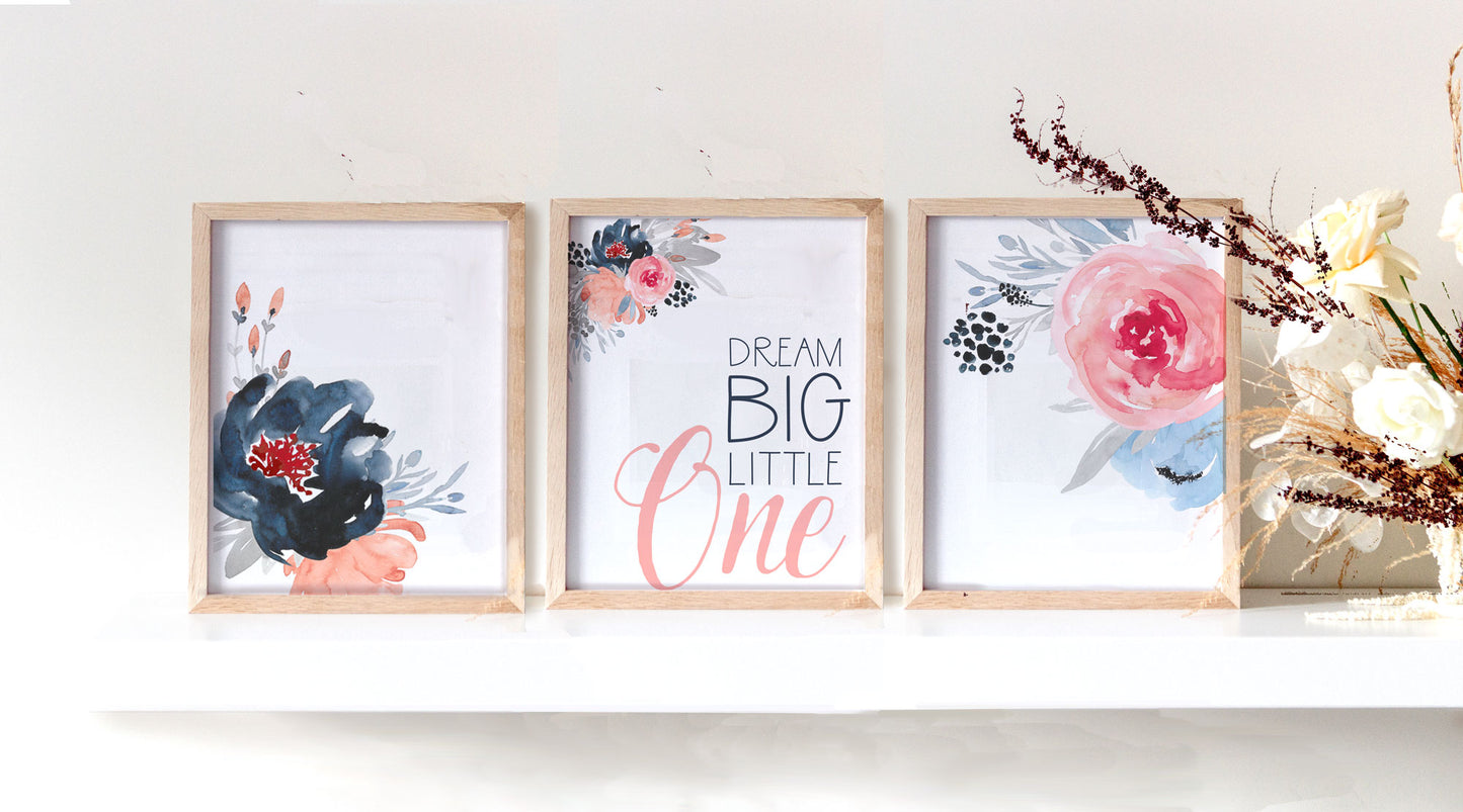 Dream Big Little One Nursery Watercolor Floral Prints