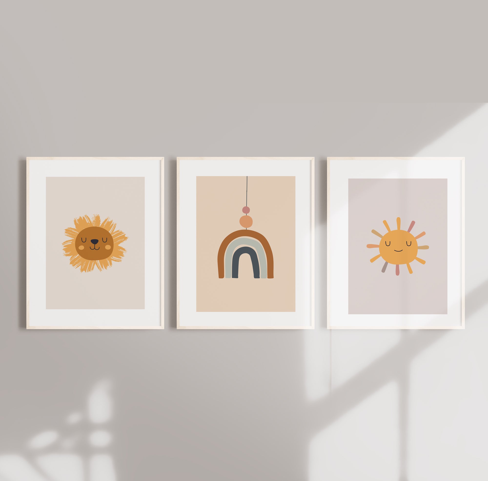 Boho rainbow lion and sun nursery wall art in neutral earthy colors ...