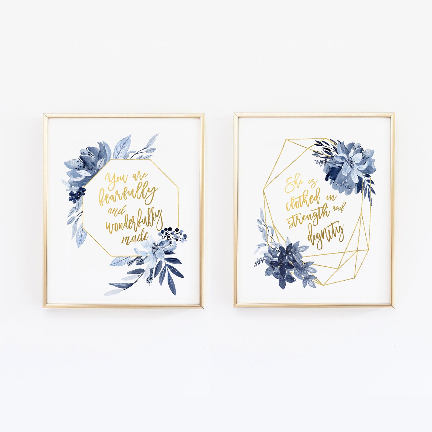 She is Clothed in Dignity - You are fearfully Baby girl Nursery wall prints Navy and Gold