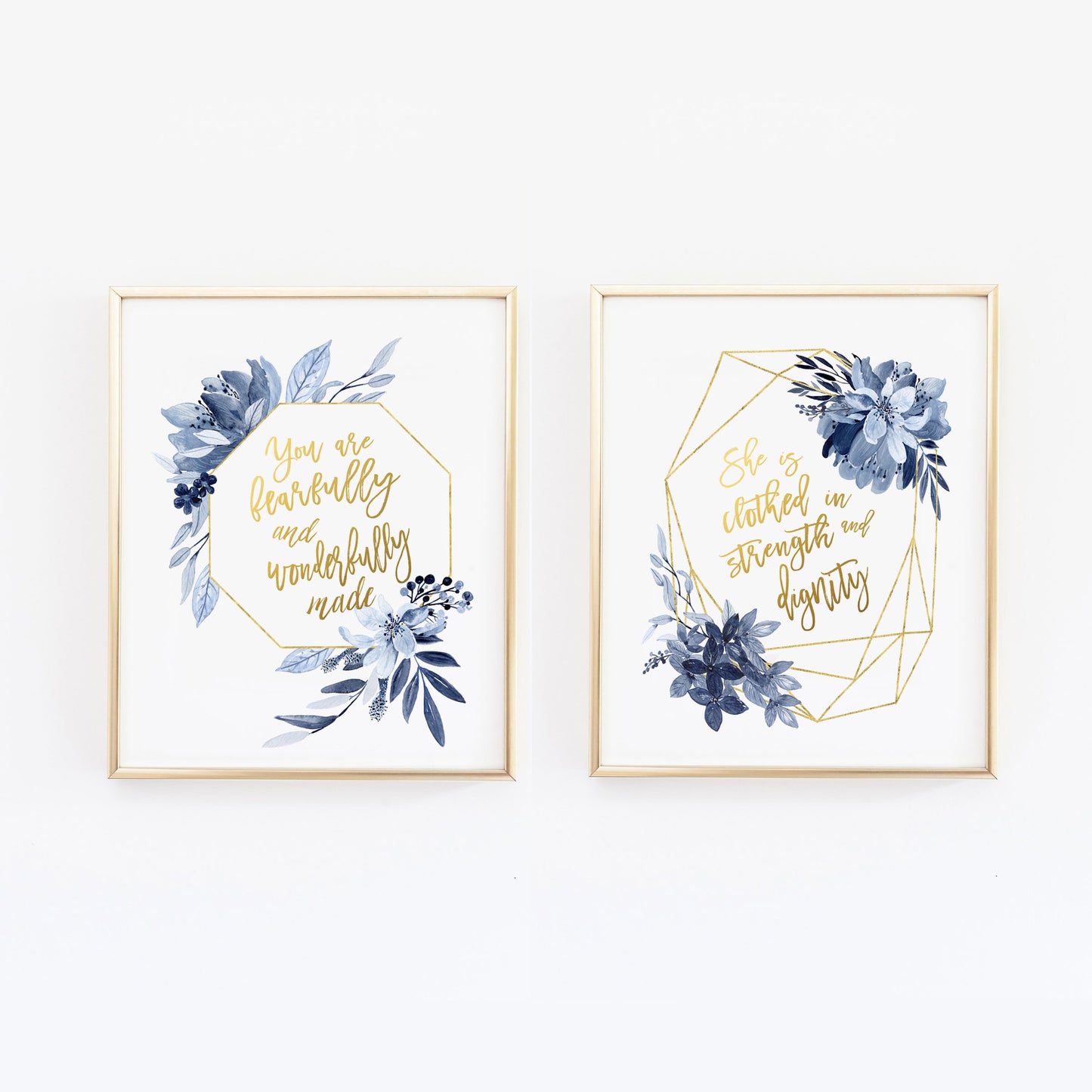 She is Clothed in Dignity - You are fearfully Baby girl Nursery wall prints Navy and Gold