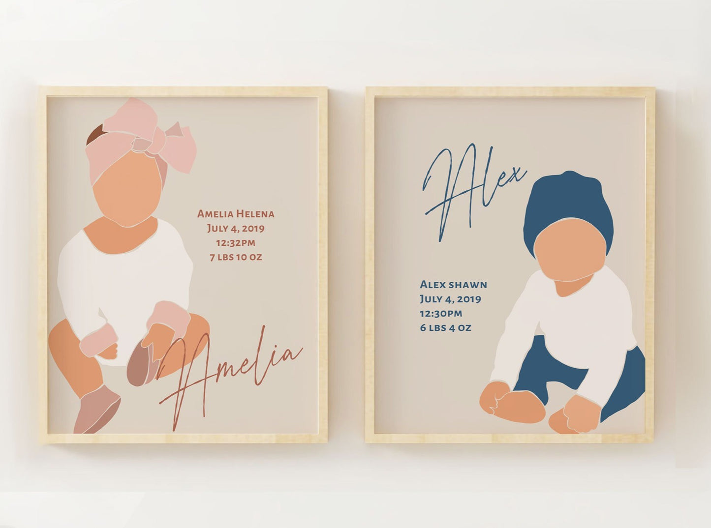 Boho Baby Twins Wall Print with Name and Birth Stats