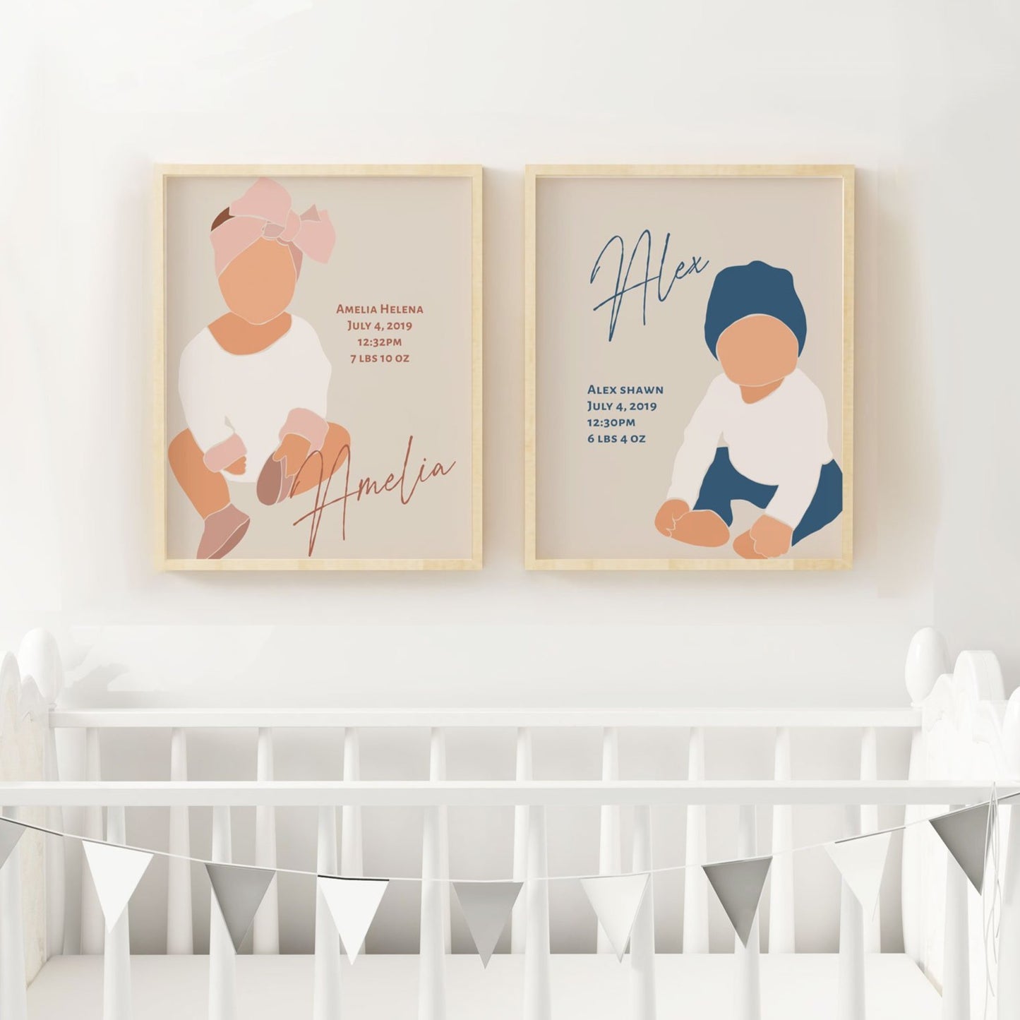 Boho Baby Twins Wall Print with Name and Birth Stats