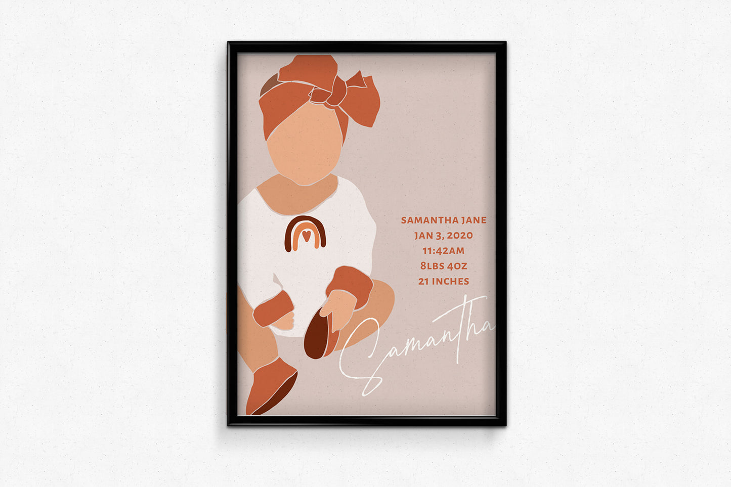 Boho Baby Girl Birth Stats Print - Earthy Pink with Rainbow