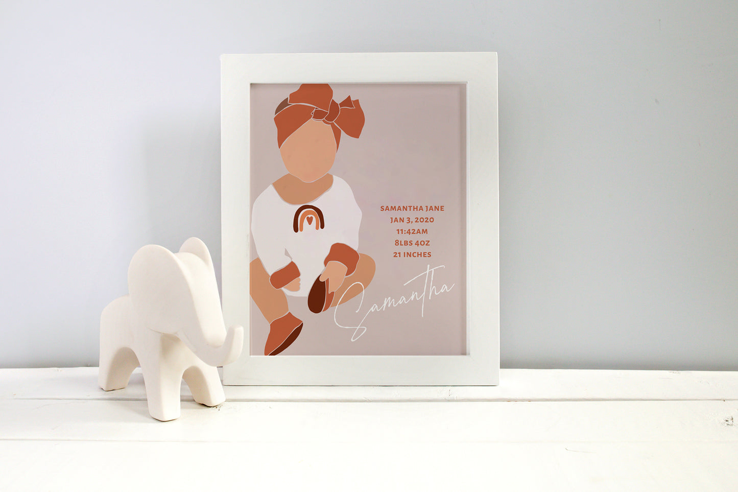 Boho Baby Girl Birth Stats Print - Earthy Pink with Rainbow
