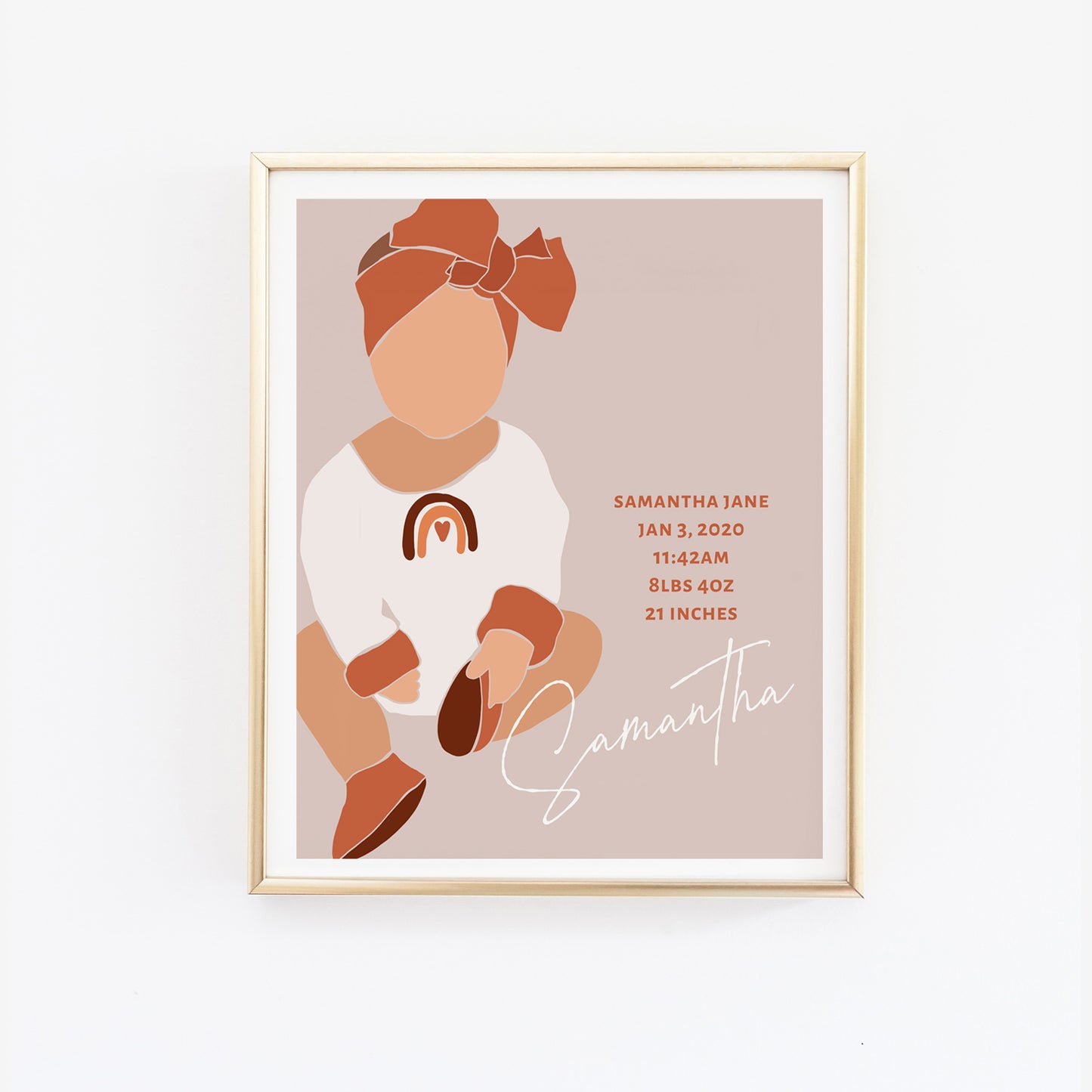 Boho Baby Girl Birth Stats Print - Earthy Pink with Rainbow