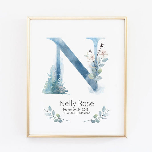 Customized Girl Name Wall Art in blue with Birth Stat Details