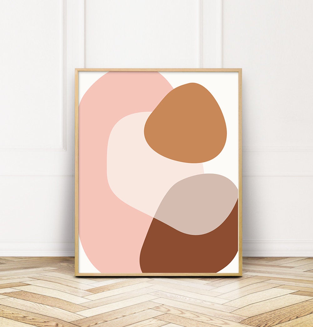 Mid Century Abstract Neutral Pink Shapes Art