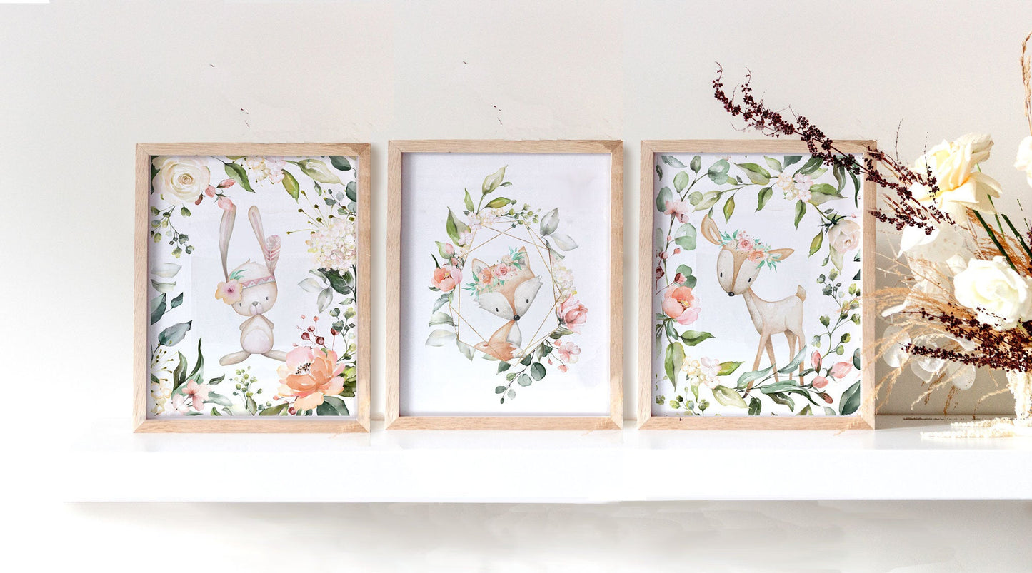 Woodlands nursery with fox, bunny, deer with floral for girl baby nursery - Set of three