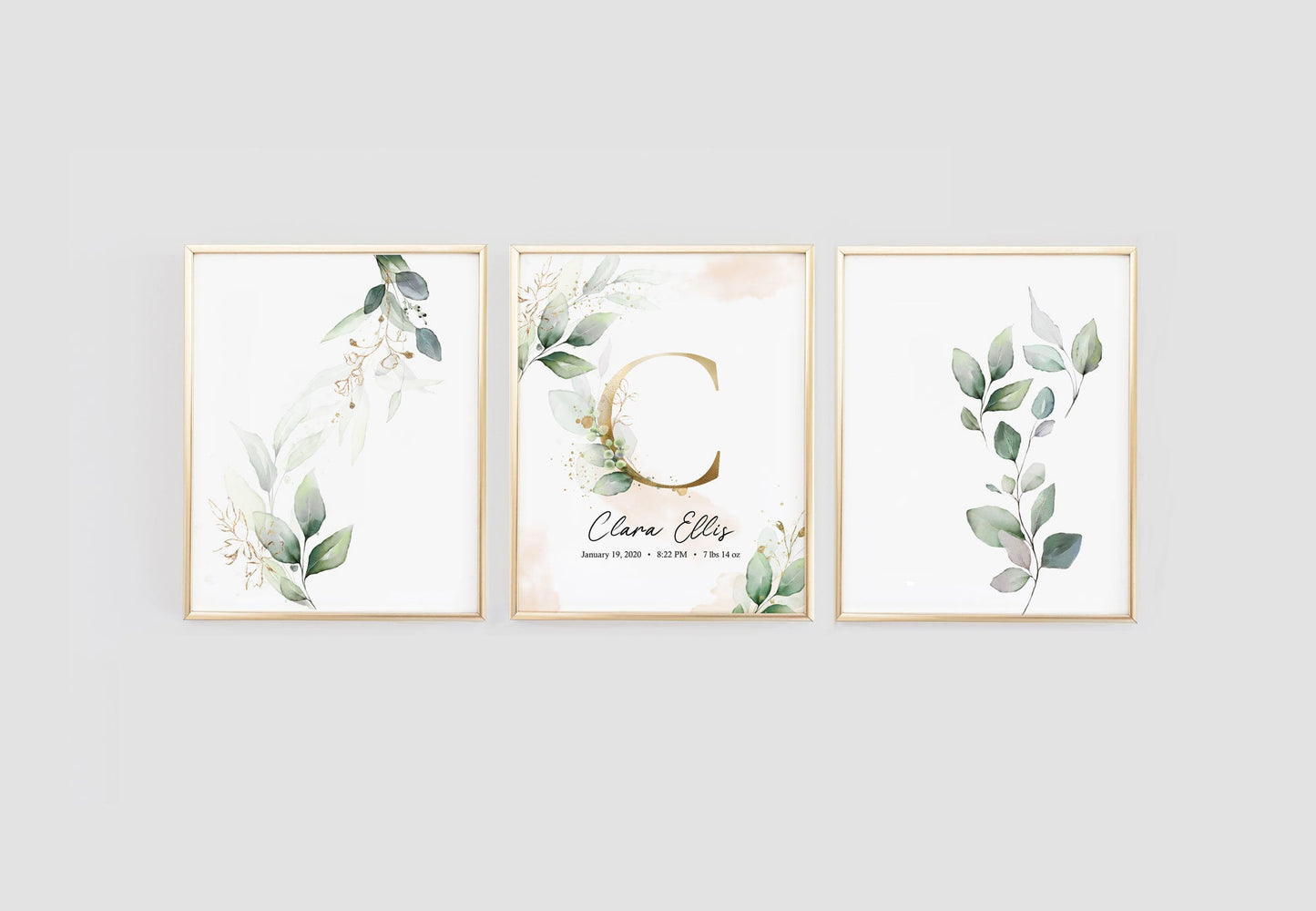 Custom Name Nursery Wall Art with Green Leaves and Gold - Set of three prints