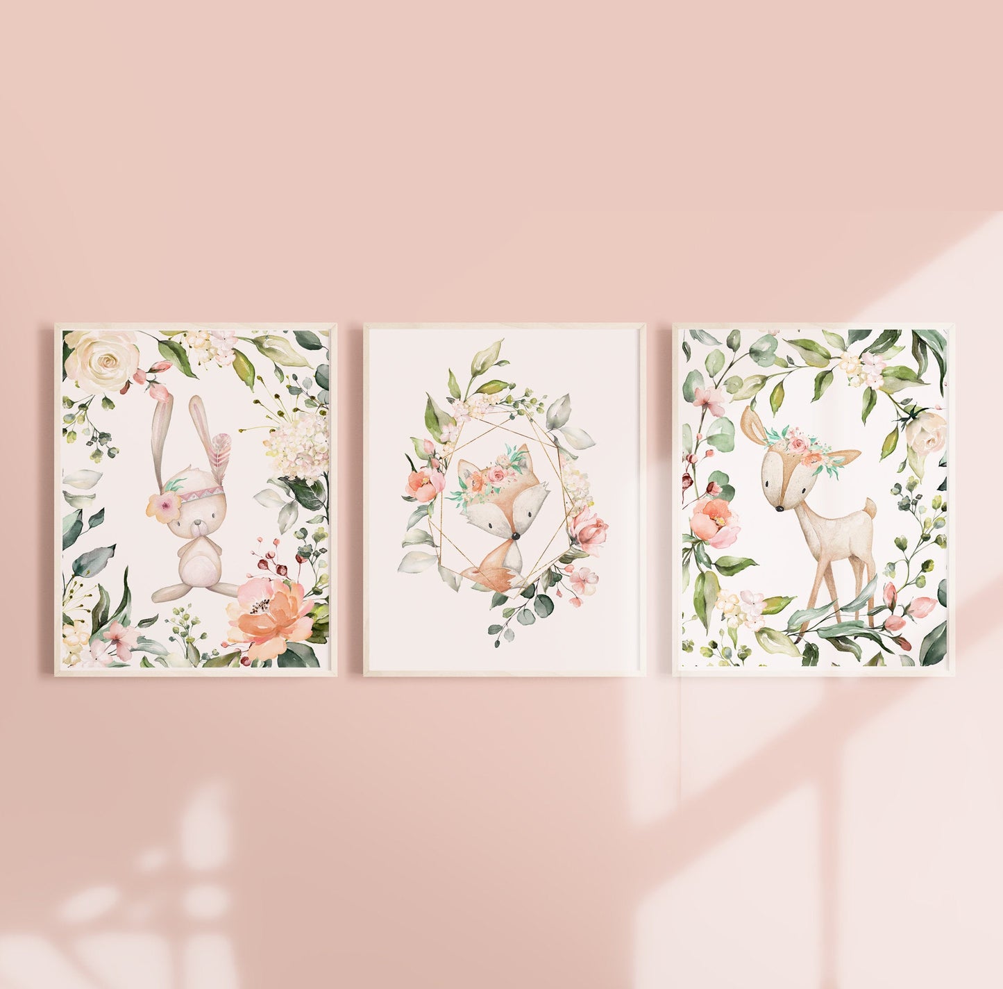 Woodlands nursery with fox, bunny, deer with floral for girl baby nursery - Set of three