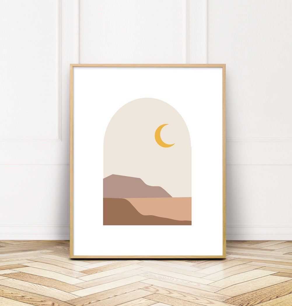 Landscape Abstract Printable Wall Art - Neutral Earthy Colors - Moon Mountains - Beige Mauve Mustard Yellow - Boho Home Decor