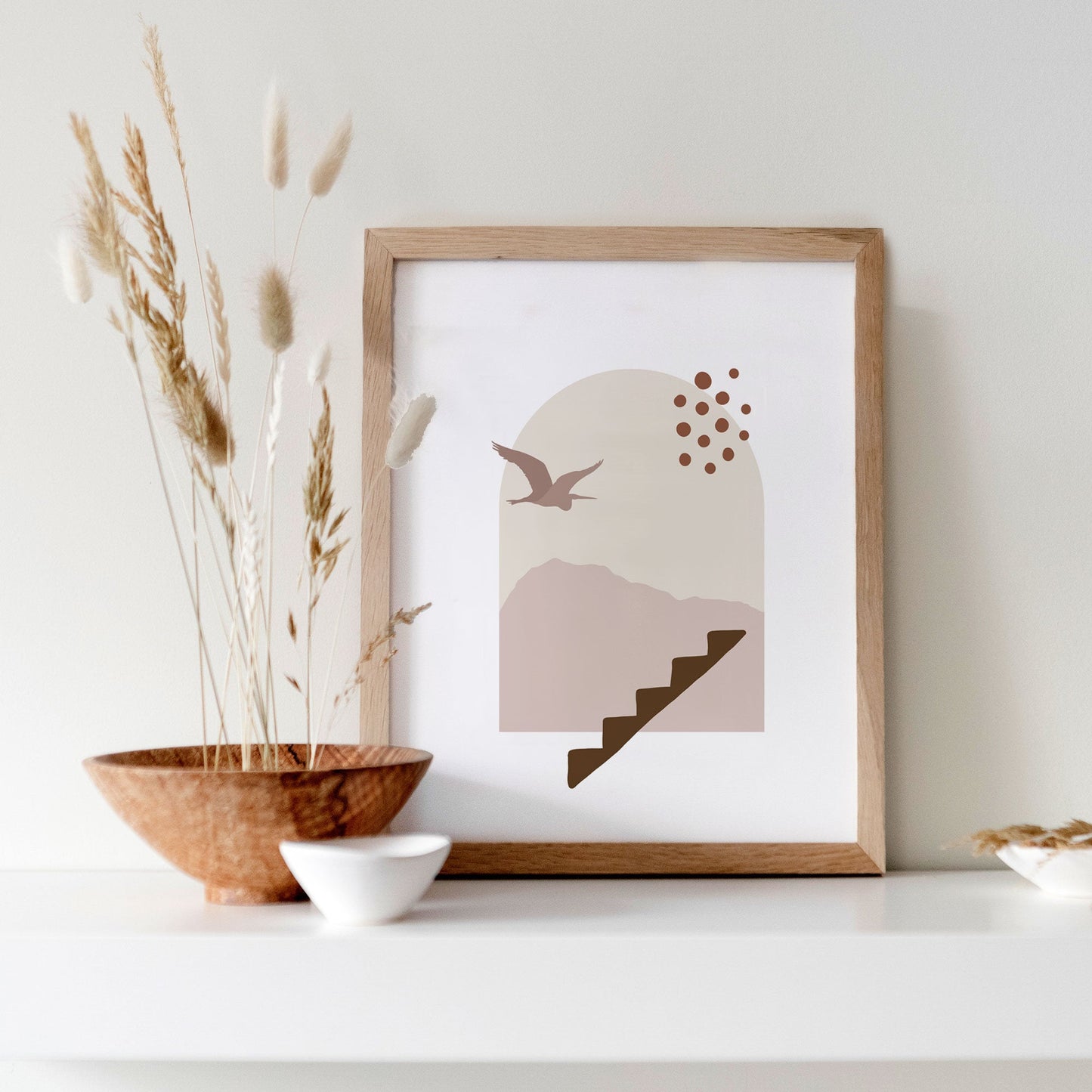 Beige and Pink Modern Landscape Wall Print - Mountains Bird Abstract Art - Large Printable Living Room Artwork