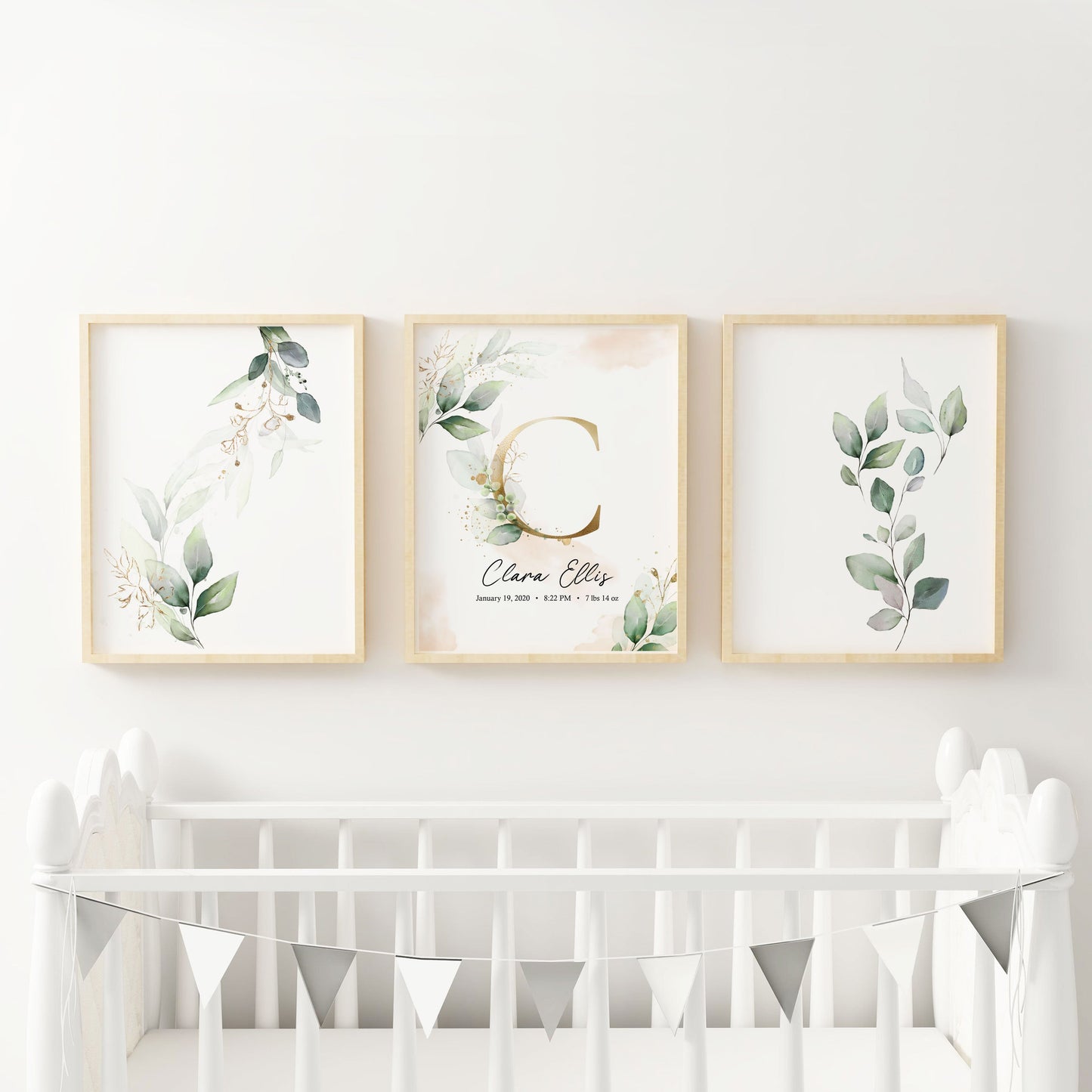 Custom Name Nursery Wall Art with Green Leaves and Gold - Set of three prints