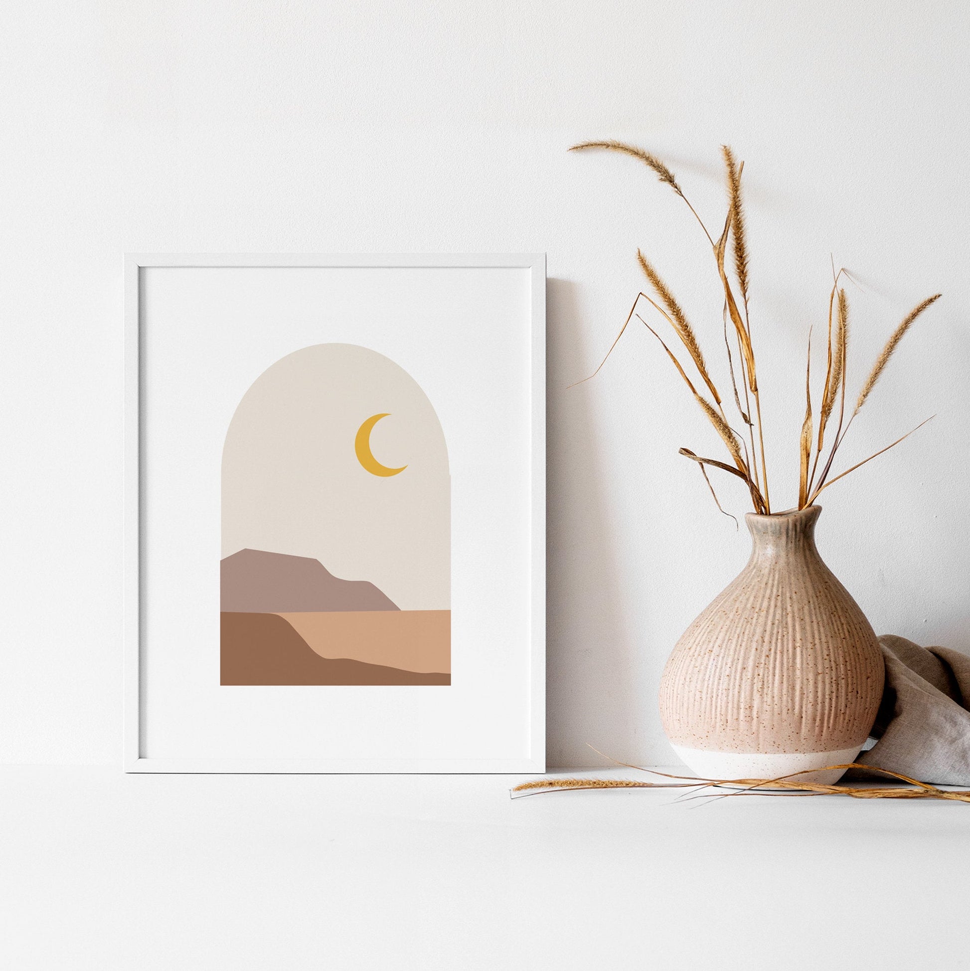 Landscape Abstract Printable Wall Art - Neutral Earthy Colors - Moon Mountains - Beige Mauve Mustard Yellow - Boho Home Decor