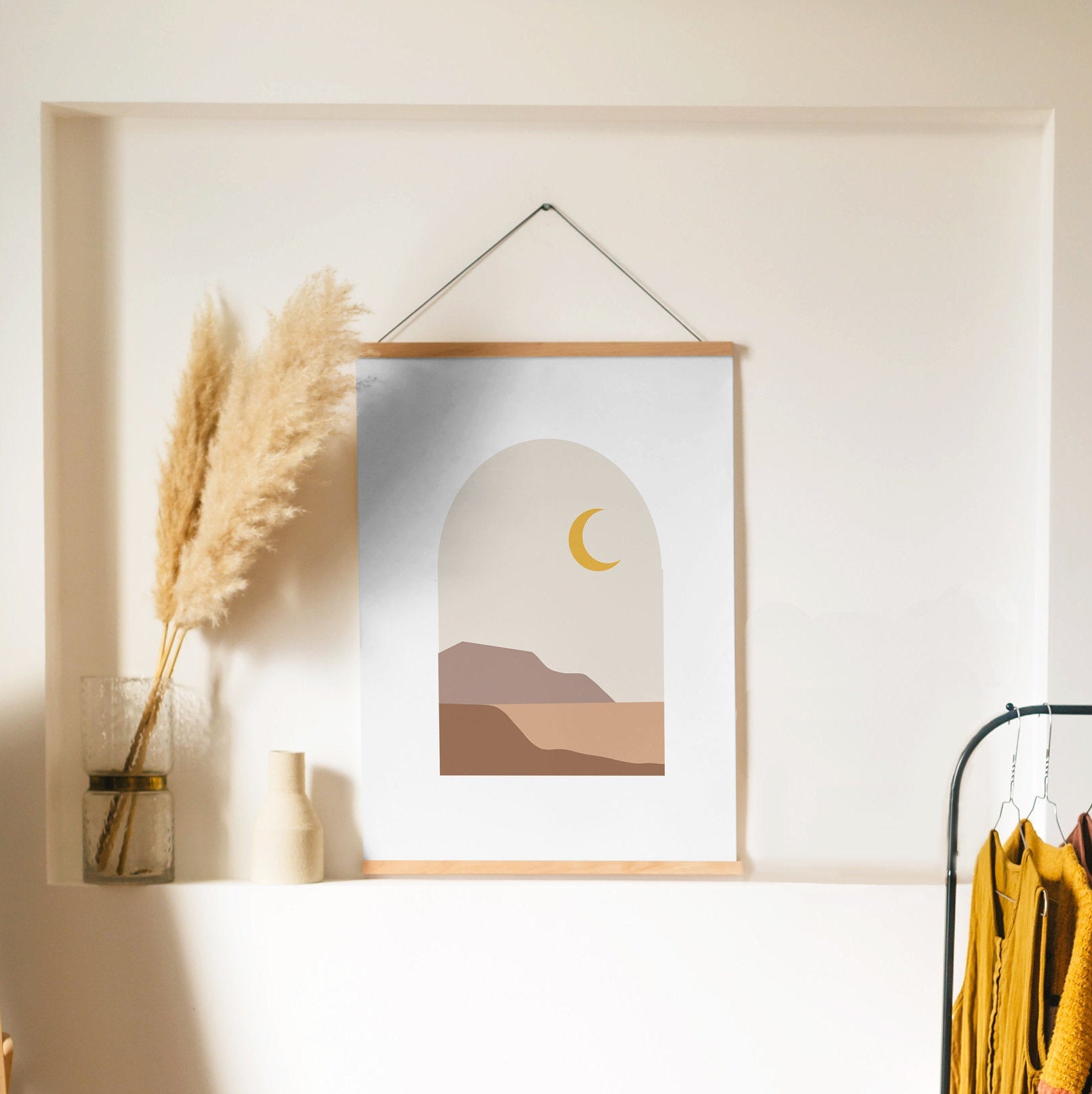 Landscape Abstract Printable Wall Art - Neutral Earthy Colors - Moon Mountains - Beige Mauve Mustard Yellow - Boho Home Decor