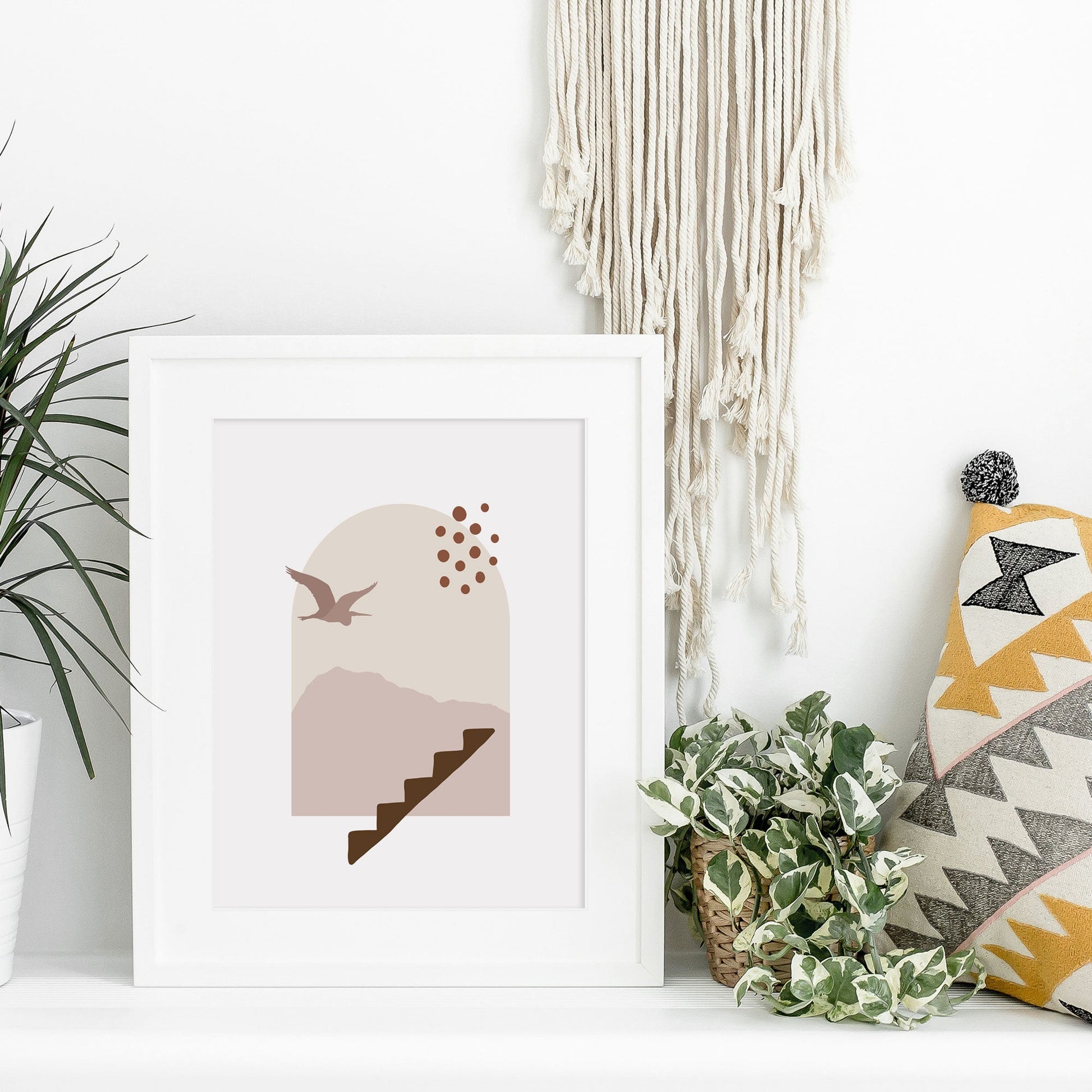 Beige and Pink Modern Landscape Wall Print - Mountains Bird Abstract Art - Large Printable Living Room Artwork