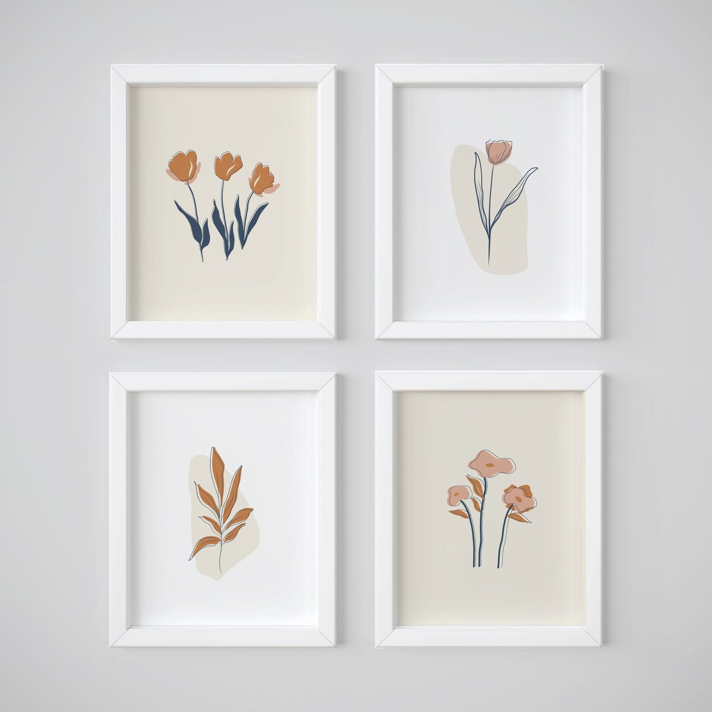 Set of Four Floral Wall Prints - Minimalist Artistic Posters - Boho Neutral Art - Beige and Terracotta - Boho Home Decor - Floral Line Art