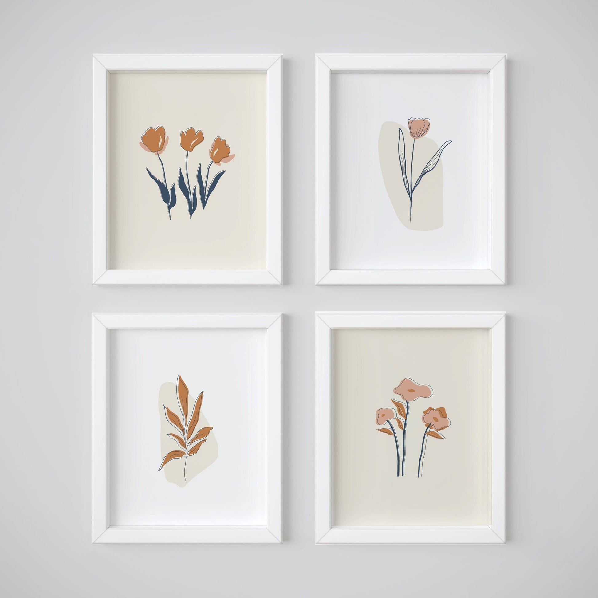 Set of Four Floral Wall Prints - Minimalist Artistic Posters - Boho Neutral Art - Beige and Terracotta - Boho Home Decor - Floral Line Art