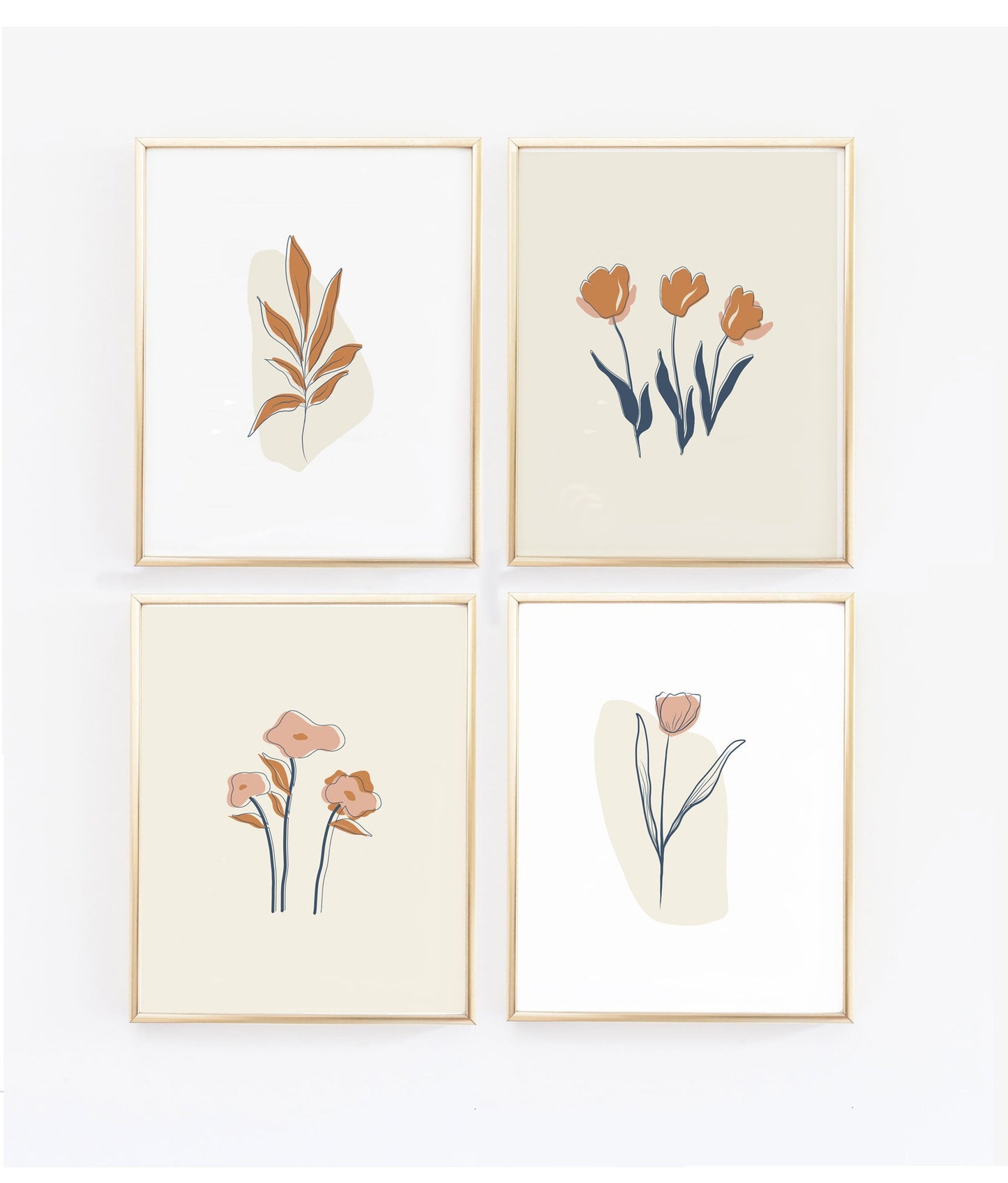 Set of Four Floral Wall Prints - Minimalist Artistic Posters - Boho Neutral Art - Beige and Terracotta - Boho Home Decor - Floral Line Art