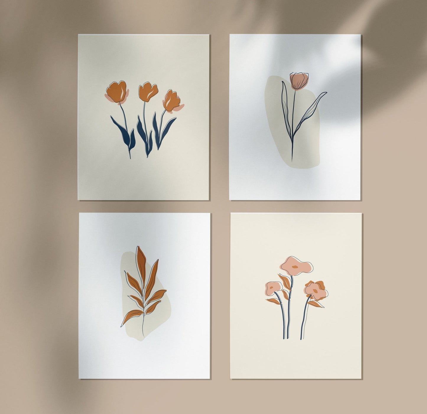 Set of Four Floral Wall Prints - Minimalist Artistic Posters - Boho Neutral Art - Beige and Terracotta - Boho Home Decor - Floral Line Art