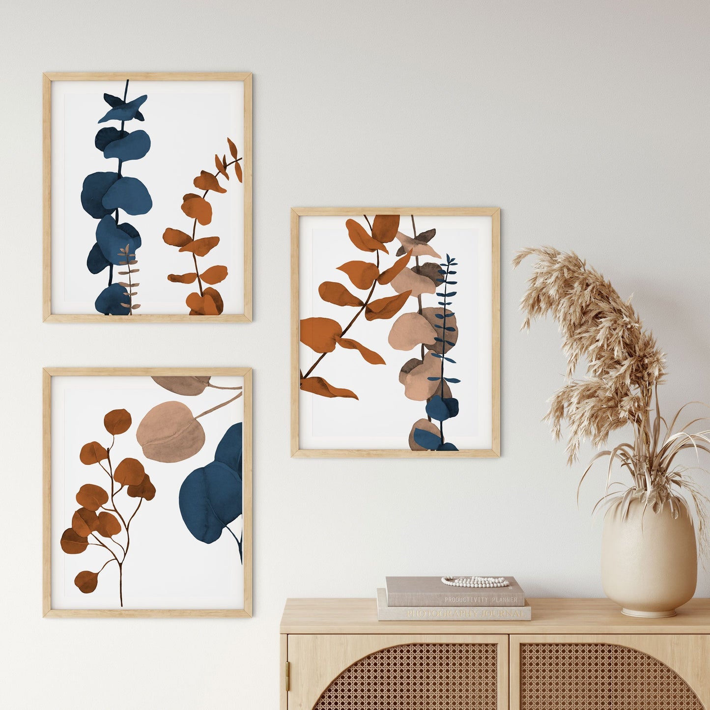 Eucalyptus Leaves - Wall Art Print - Set of 3 - Plant Terracotta Caramel Brown - Wall Prints Boho Decor