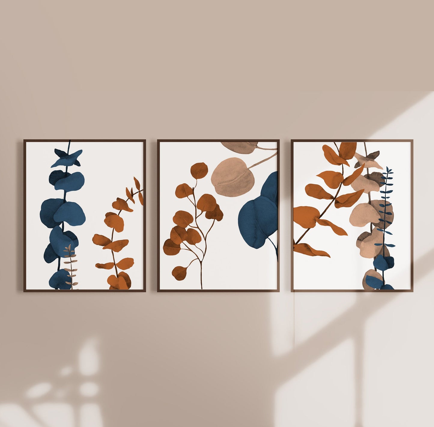 Eucalyptus Leaves - Wall Art Print - Set of 3 - Plant Terracotta Caramel Brown - Wall Prints Boho Decor