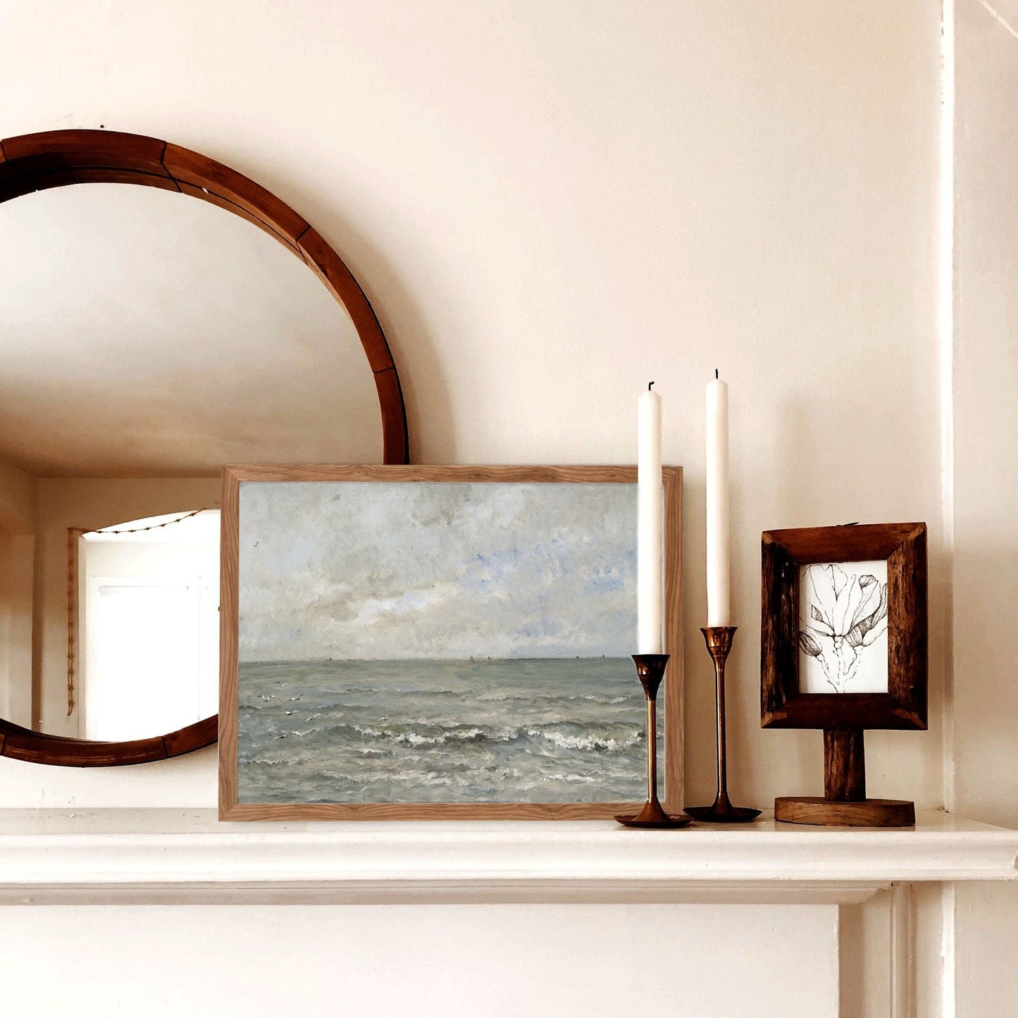 Rough Water and Sky Vintage Coastal Wall Art Farmhouse Oil Painting Replica