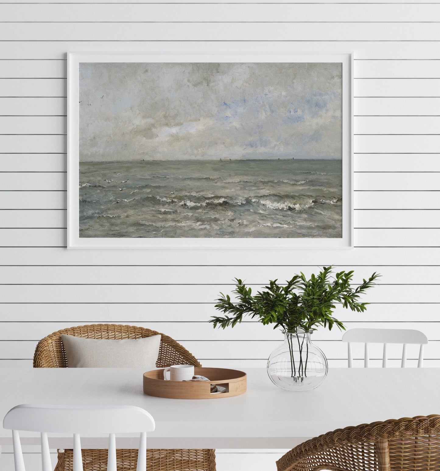 Rough Water and Sky Vintage Coastal Wall Art Farmhouse Oil Painting Replica