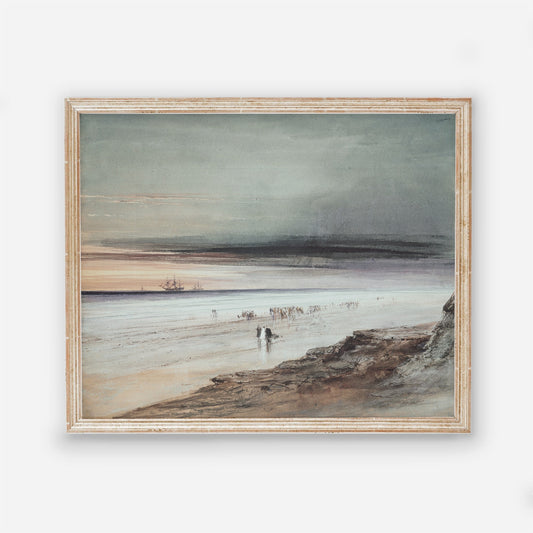 A Dark Beach Scene Vintage Coastal Wall Art Farmhouse Oil Painting Replica - Printed and shipped to you on premium paper