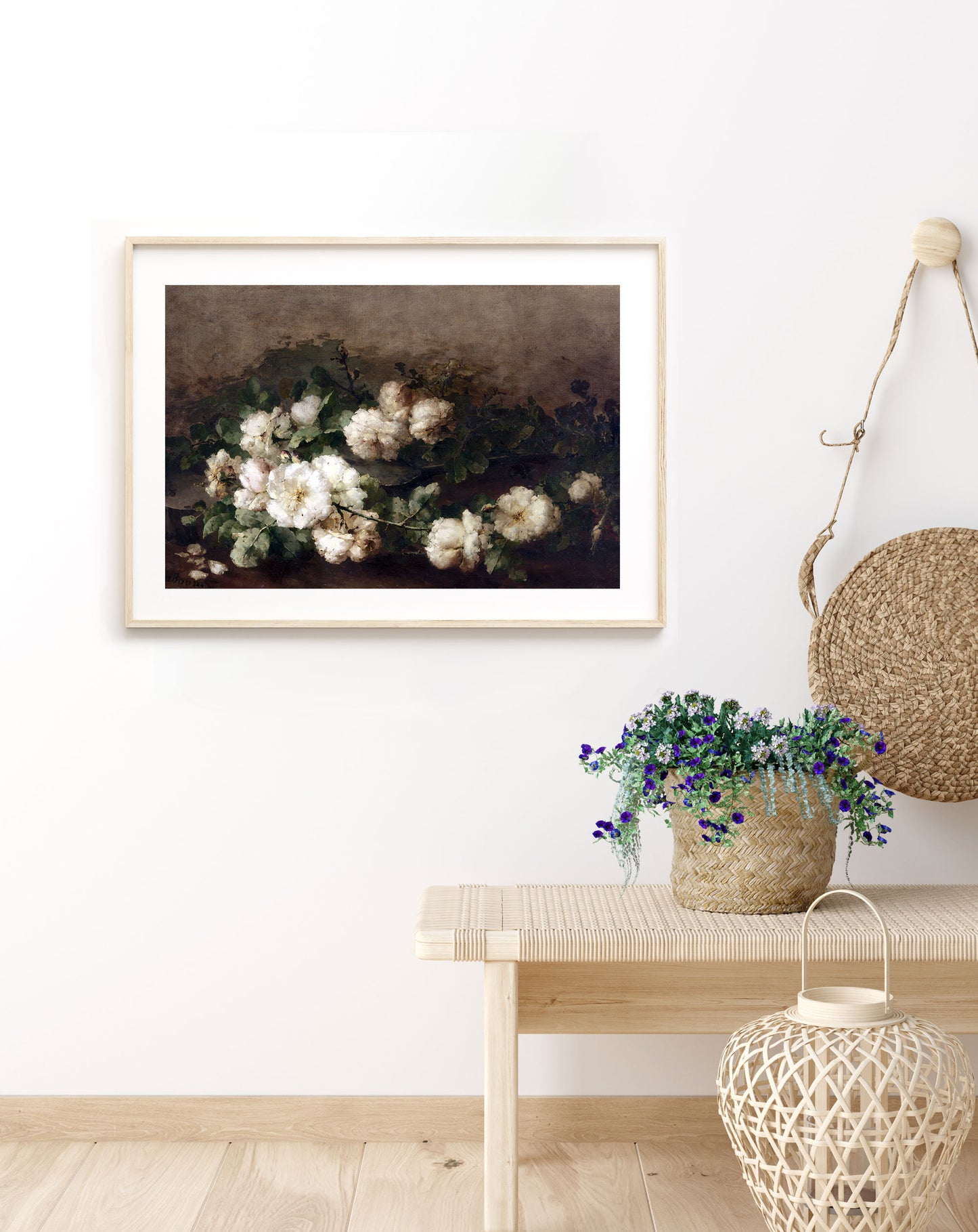 Flowers Art Poster with white and black - Vintage Copy Picture Art - Bedroom Floral decor - Printed and Shipped - Laying White Flowers