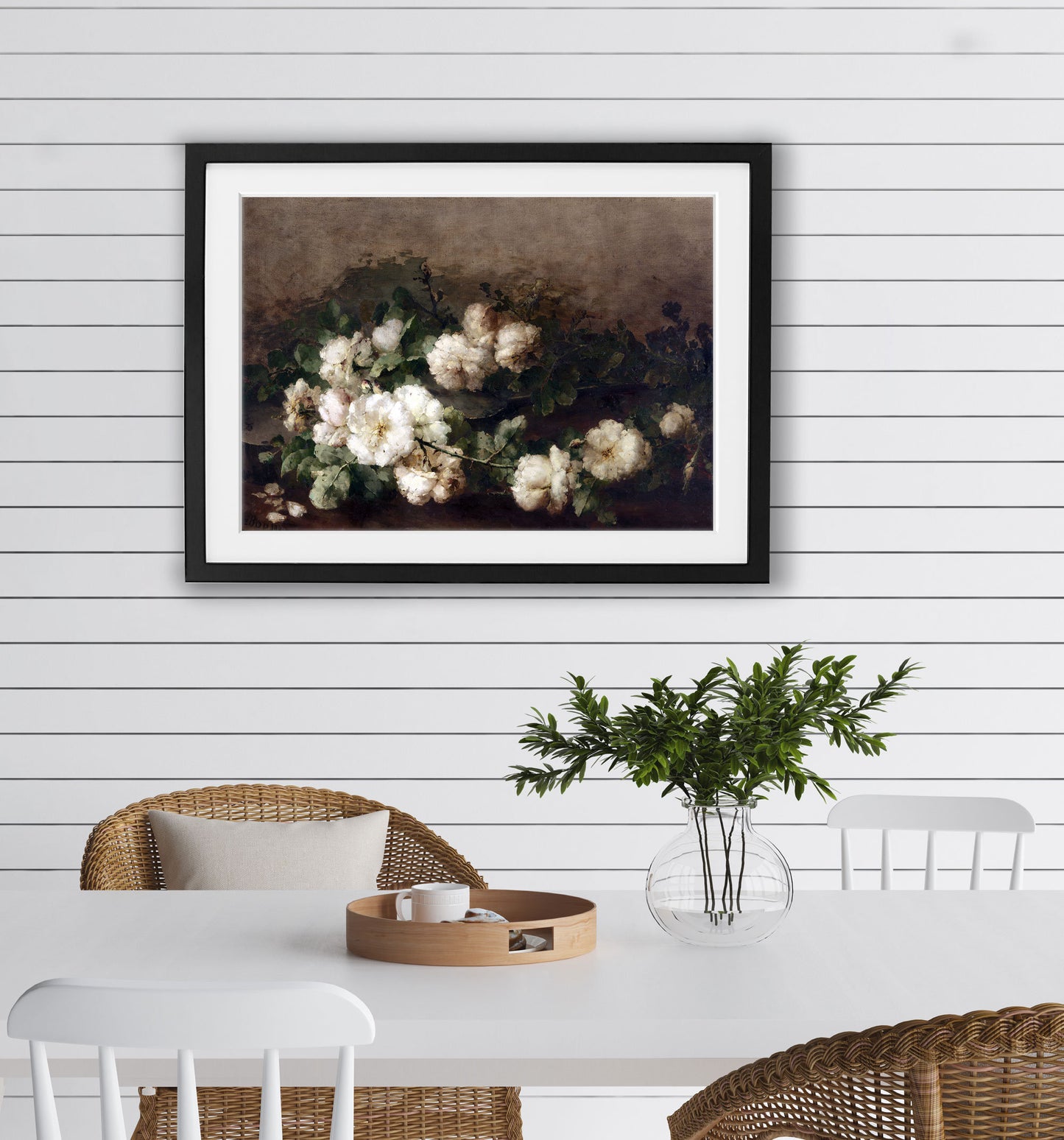 Flowers Art Poster with white and black - Vintage Copy Picture Art - Bedroom Floral decor - Printed and Shipped - Laying White Flowers