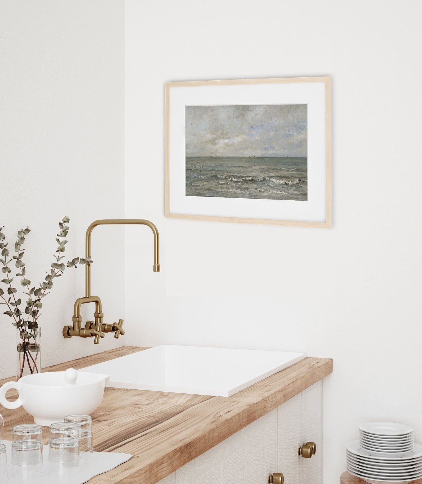 Rough Water and Sky Vintage Coastal Wall Art Farmhouse Oil Painting Replica