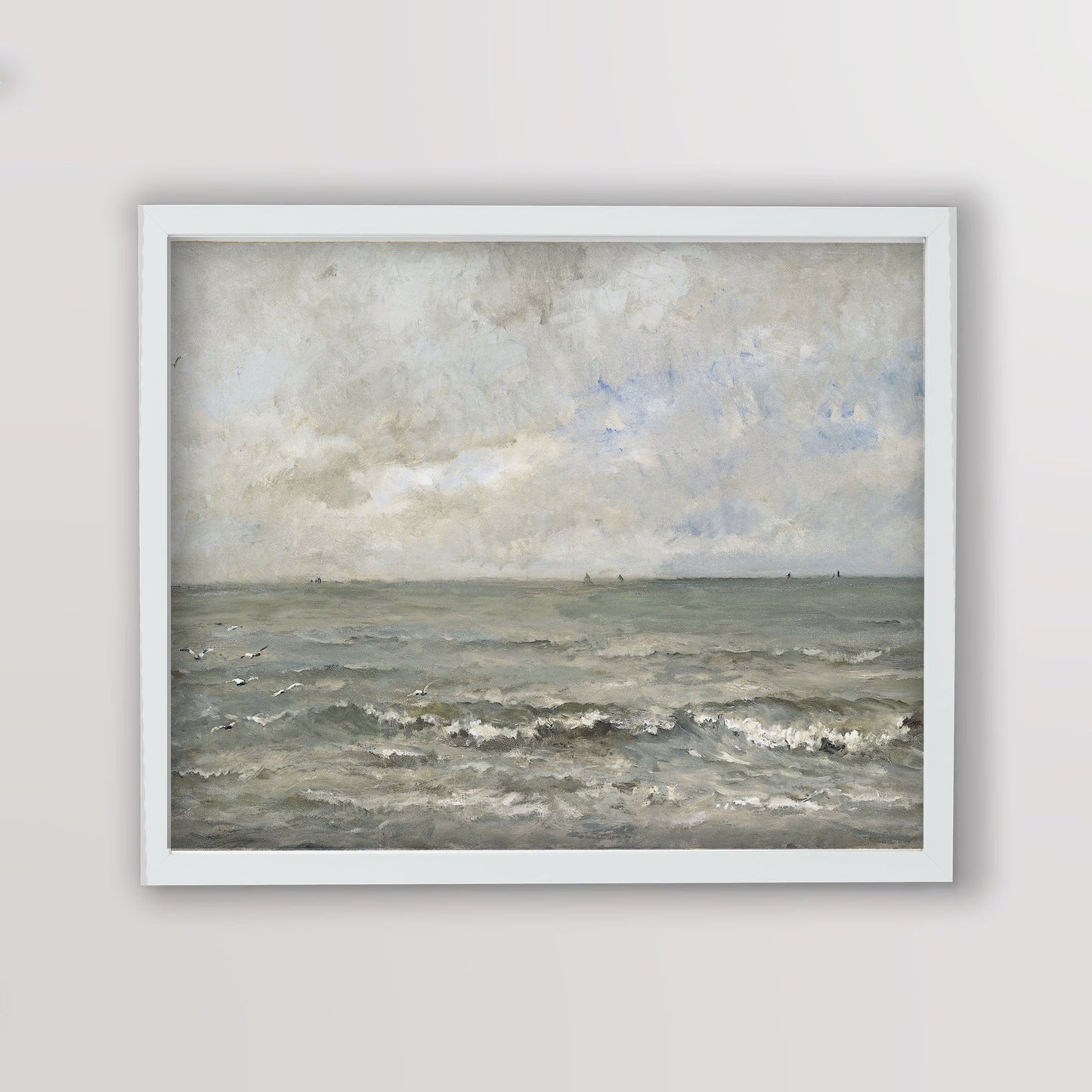 Rough Water and Sky Vintage Coastal Wall Art Farmhouse Oil Painting Replica