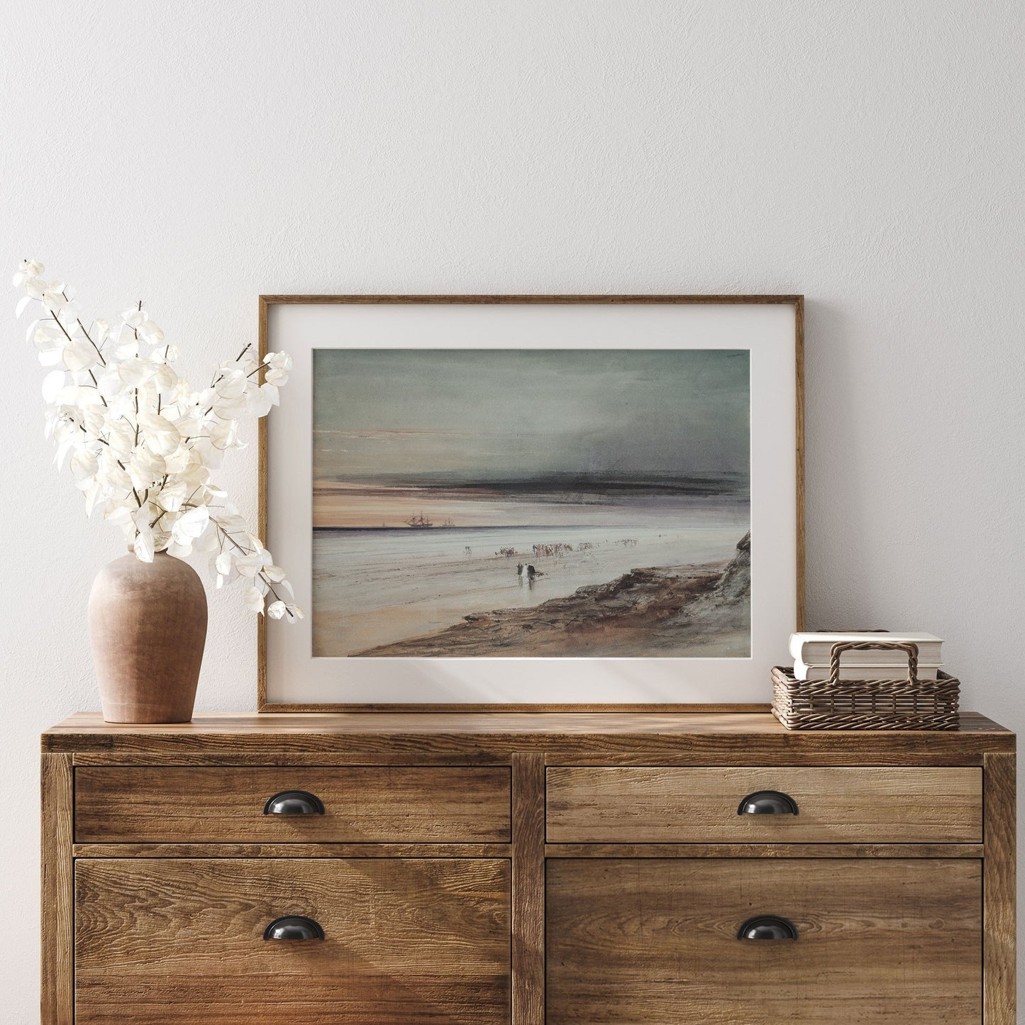 A Dark Beach Scene Vintage Coastal Wall Art Farmhouse Oil Painting Replica - Printed and shipped to you on premium paper