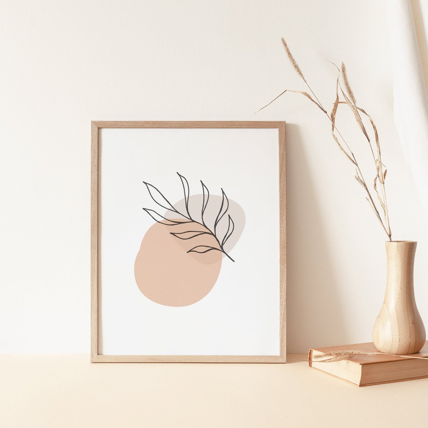 Modern Simple Wall Art - Pink and Beige Leaf Line Art