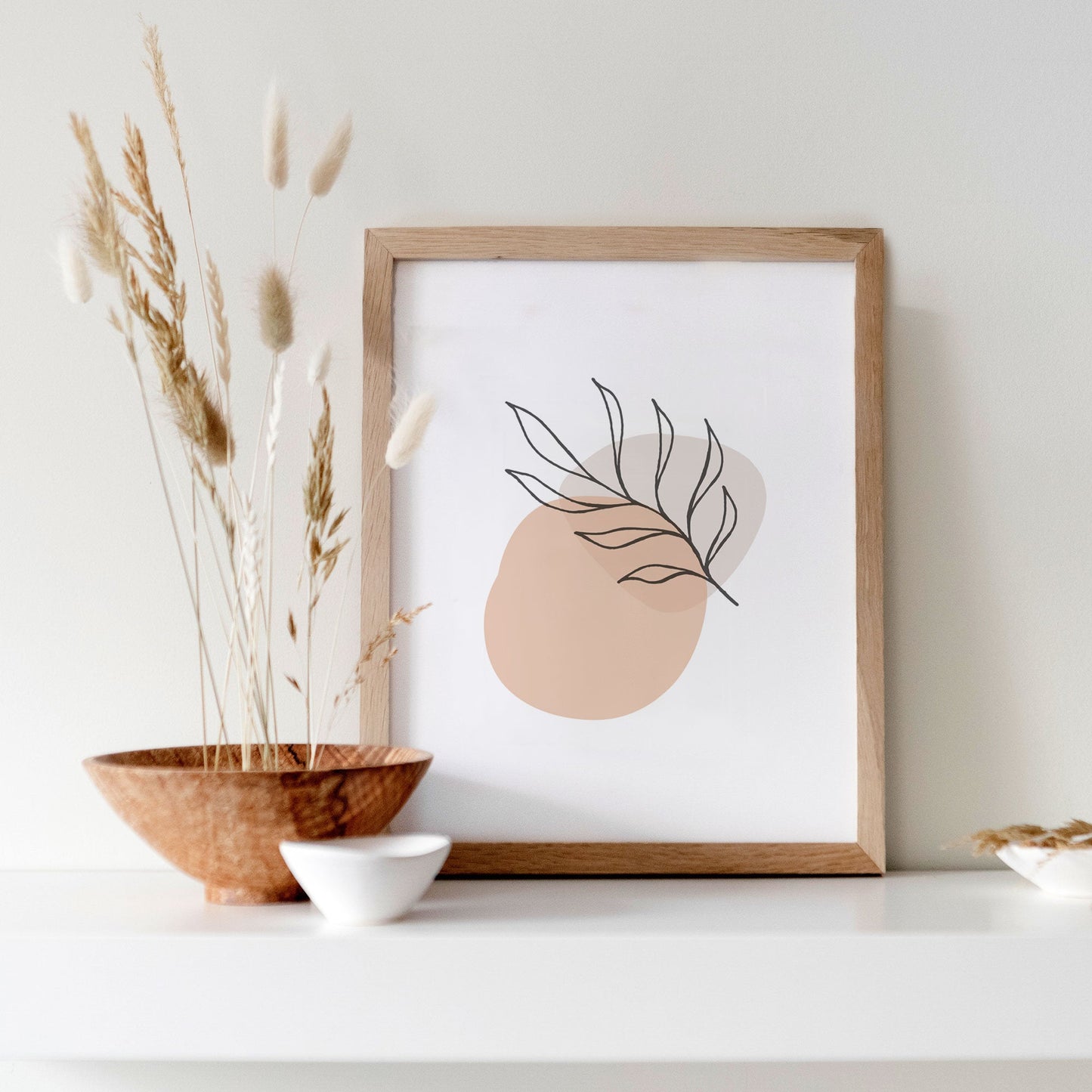 Modern Simple Wall Art - Pink and Beige Leaf Line Art