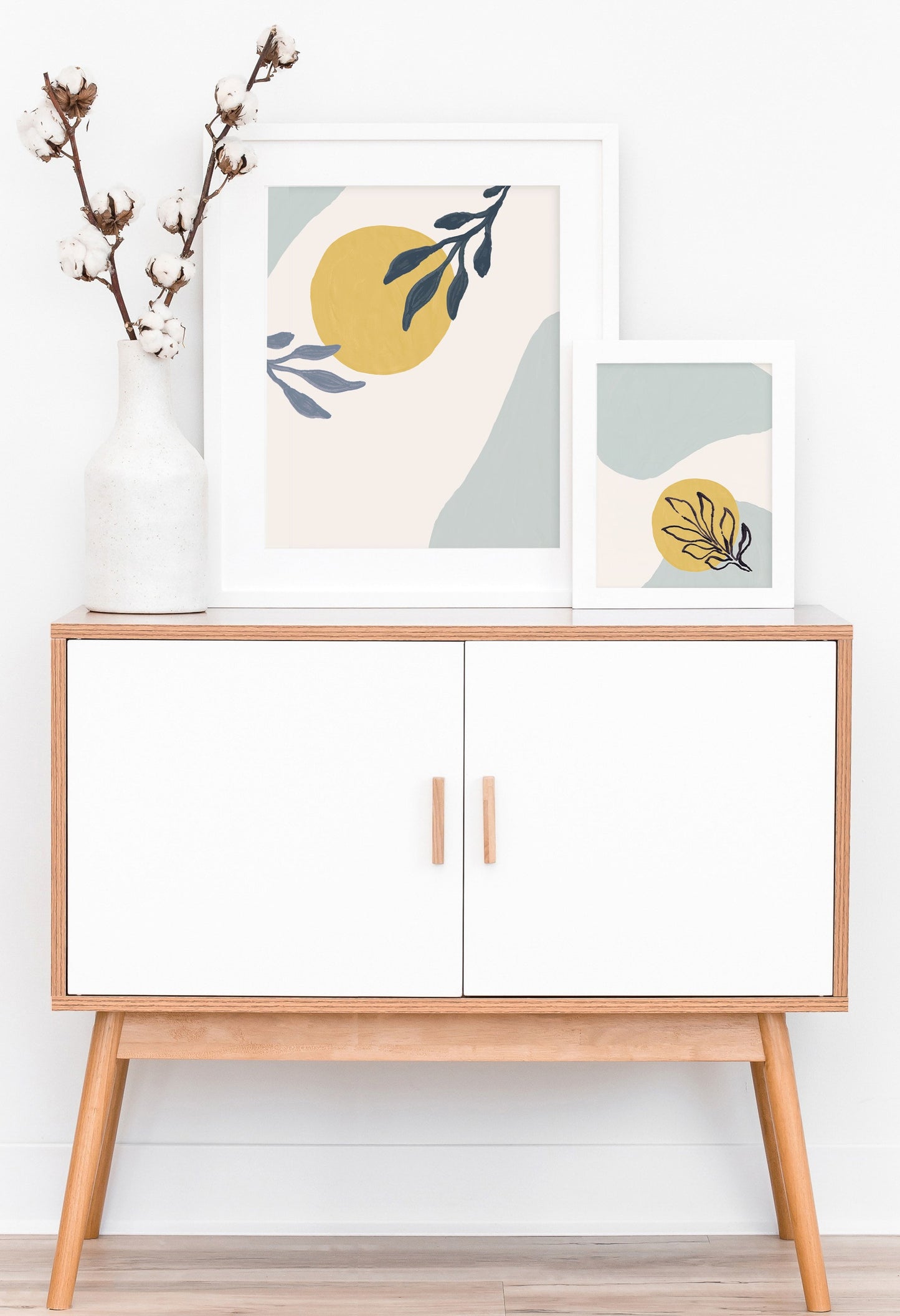 Light blue and Yellow Modern Abstract Wall Print with Shapes and Paint Brushed Leaf - Set of Two