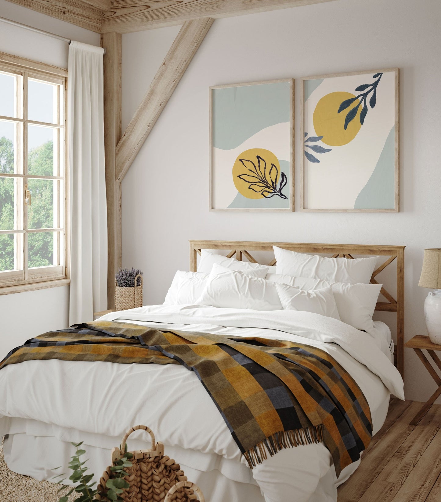 Light blue and Yellow Modern Abstract Wall Print with Shapes and Paint Brushed Leaf - Set of Two