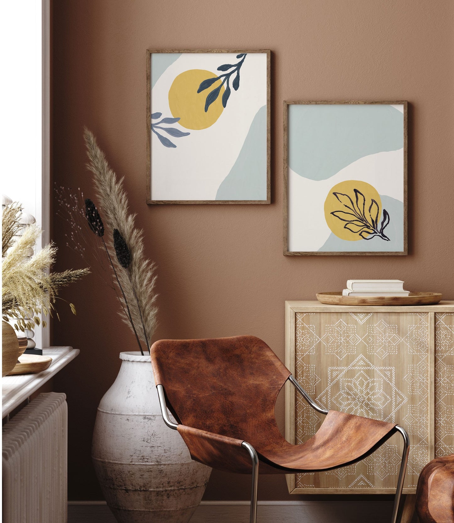 Light blue and Yellow Modern Abstract Wall Print with Shapes and Paint Brushed Leaf - Set of Two