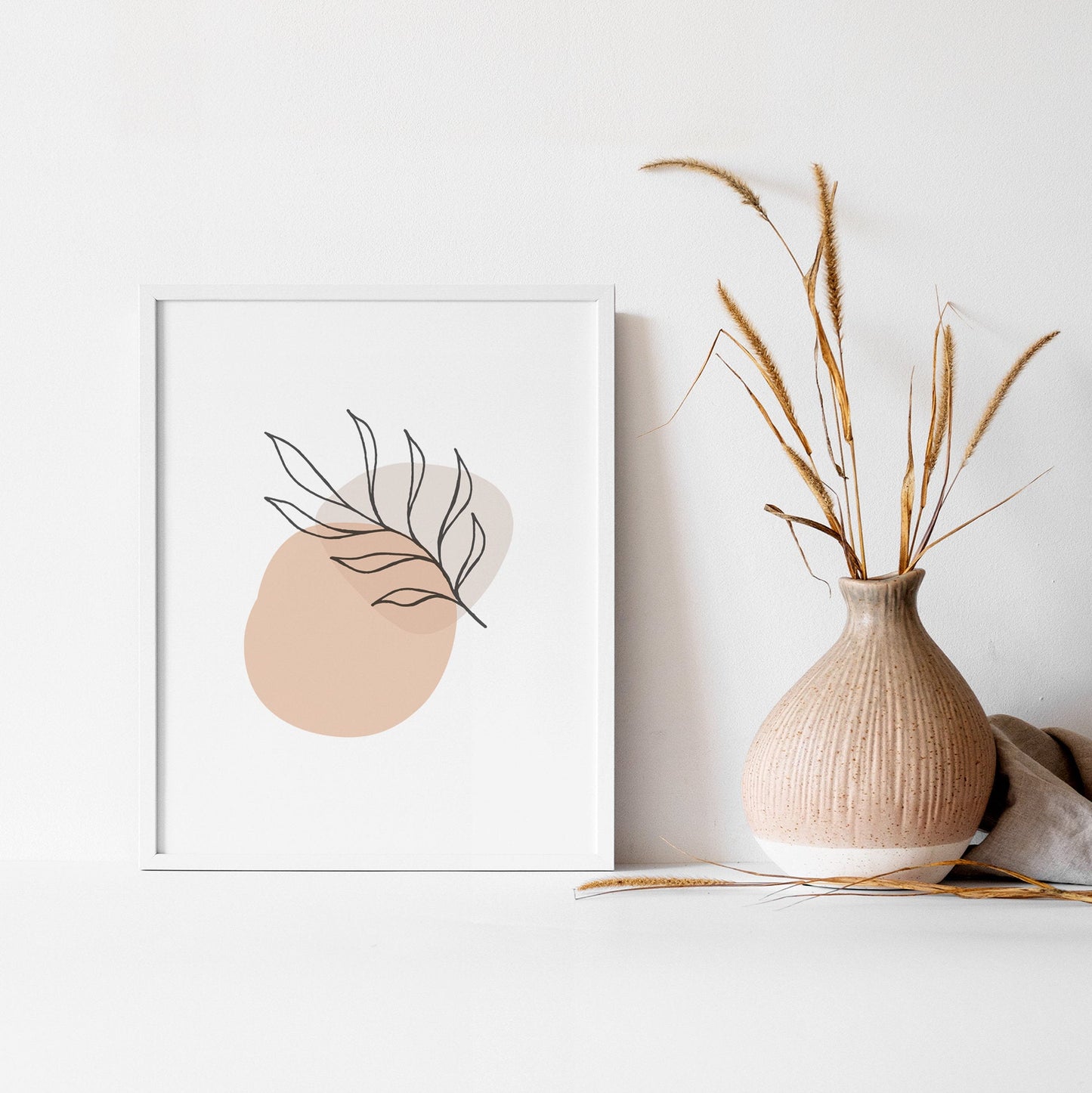 Modern Simple Wall Art - Pink and Beige Leaf Line Art