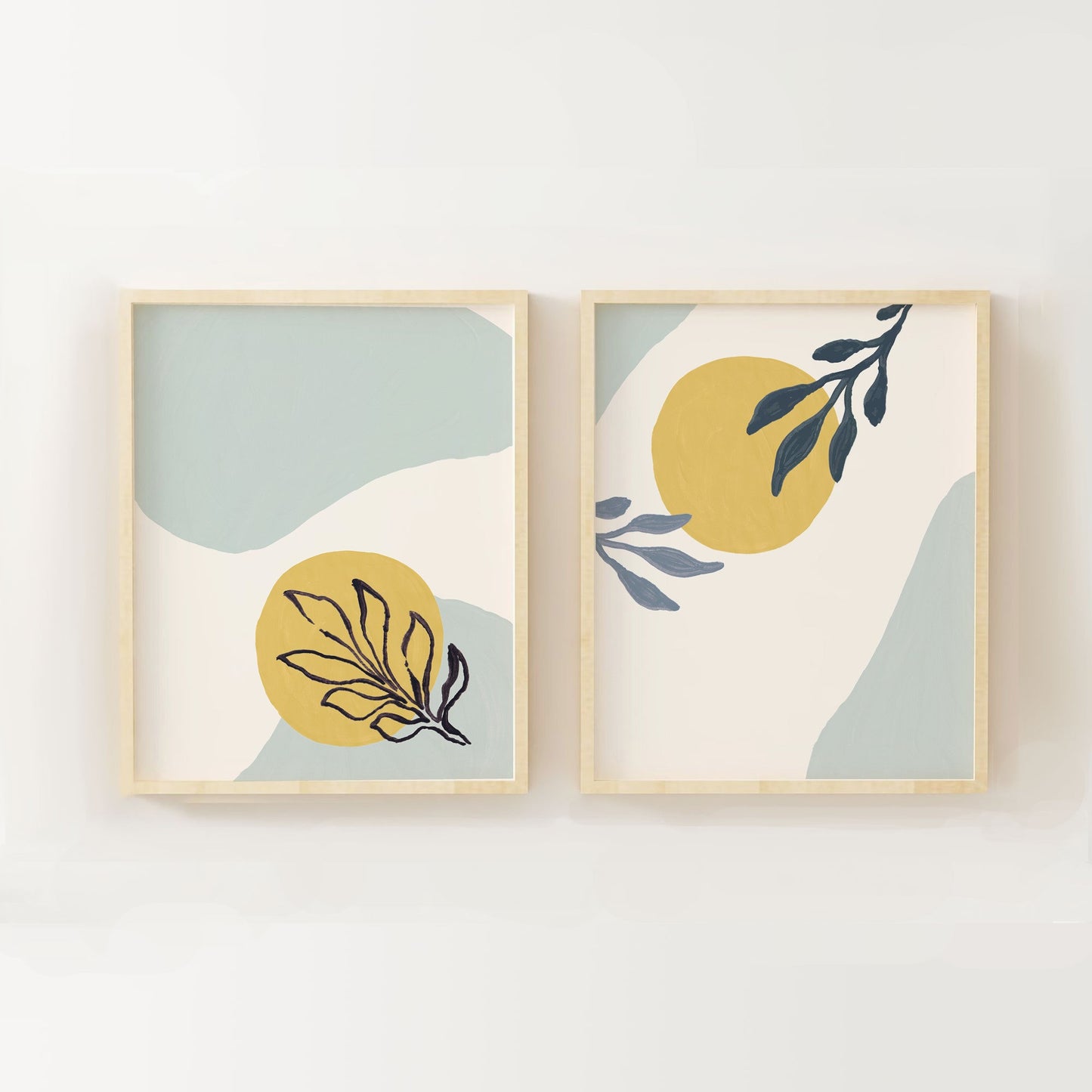 Light blue and Yellow Modern Abstract Wall Print with Shapes and Paint Brushed Leaf - Set of Two