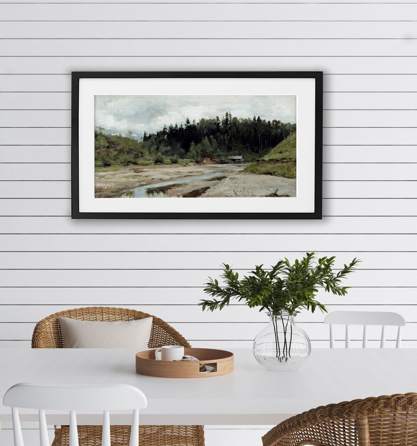 Narrow Horizontal Vintage Countryside Landscape with Stream Wall Art Print 