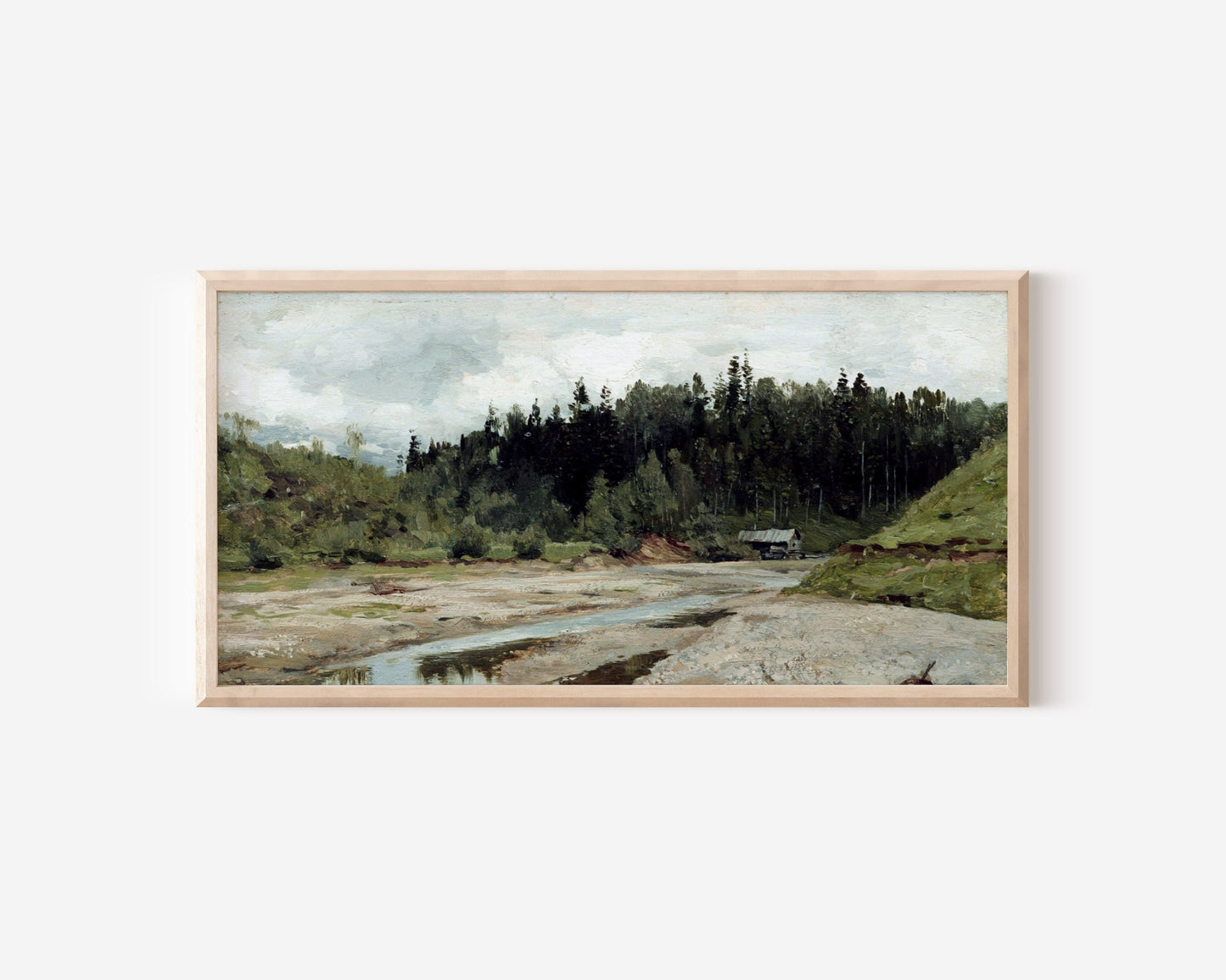 Narrow Horizontal Vintage Countryside Landscape with Stream Wall Art Print 