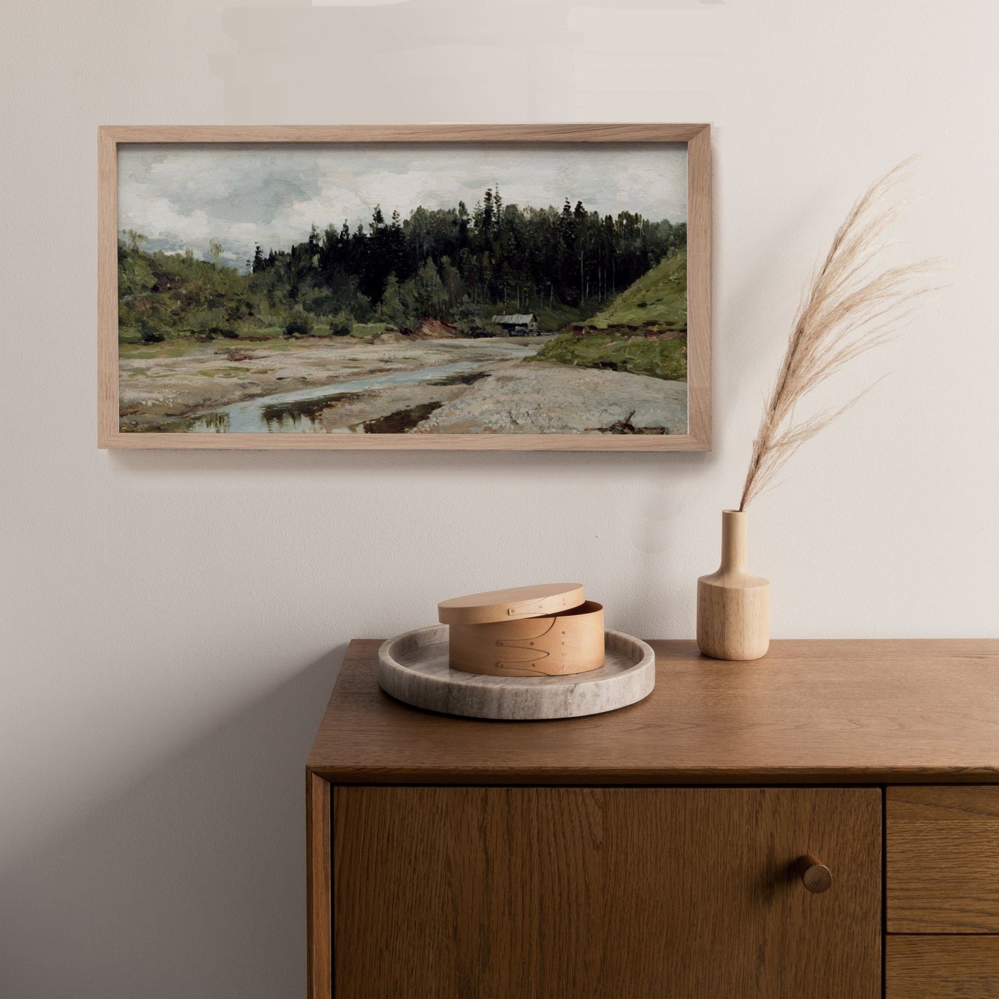 Narrow Horizontal Vintage Countryside Landscape with Stream Wall Art Print 