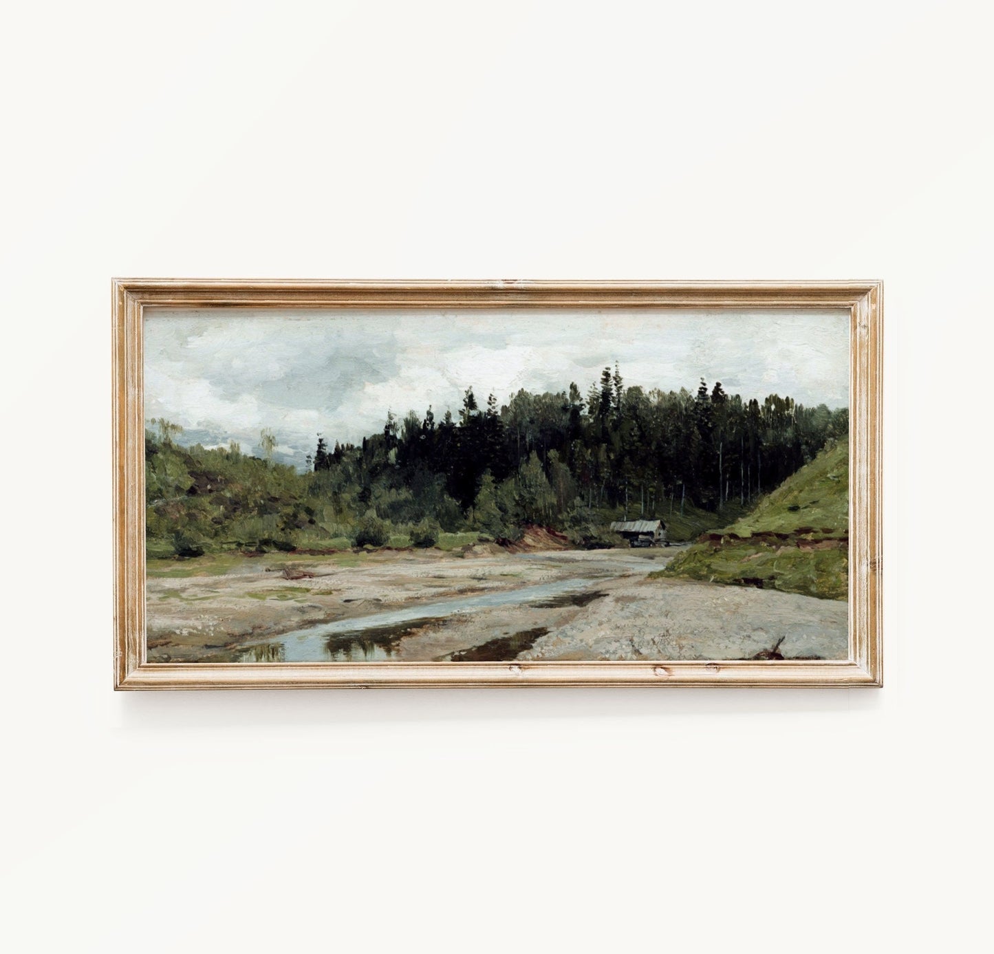 Narrow Horizontal Vintage Countryside Landscape with Stream Wall Art Print