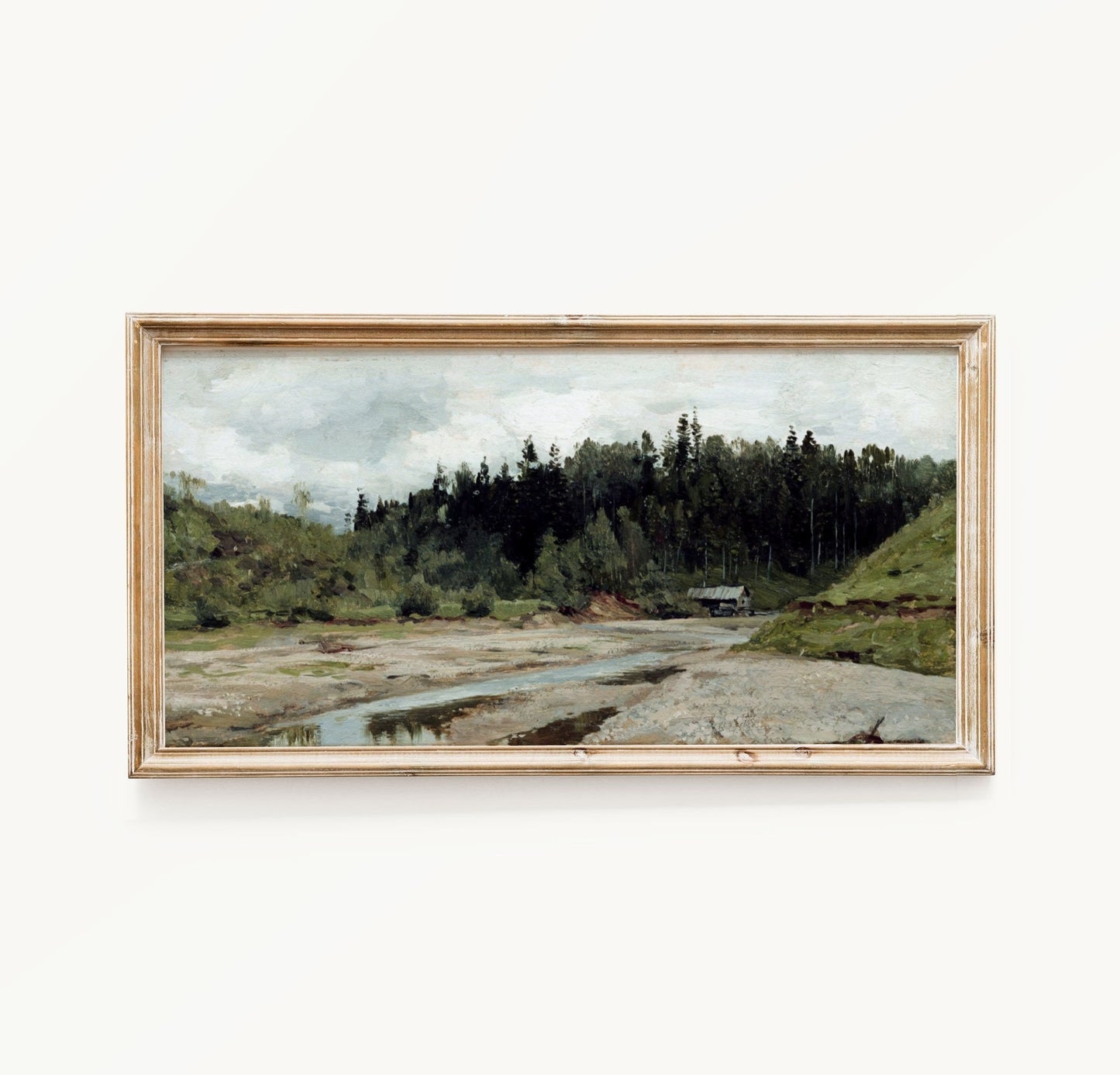 Narrow Horizontal Vintage Countryside Landscape with Stream Wall Art Print 