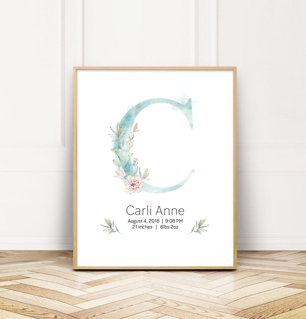 Customized Cactus Nursery Girl Name Wall Print Baby Keepsake - Wall Prints